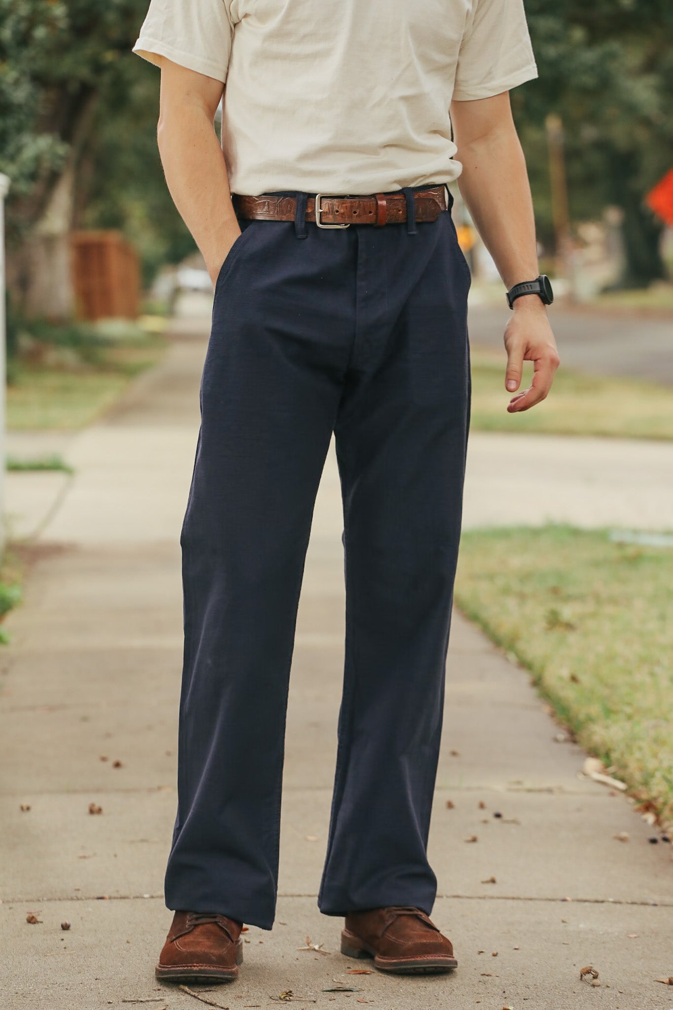 1185-NV Back Satin Sulfur Yarn Dye Trousers/Piped Straight - Navy
