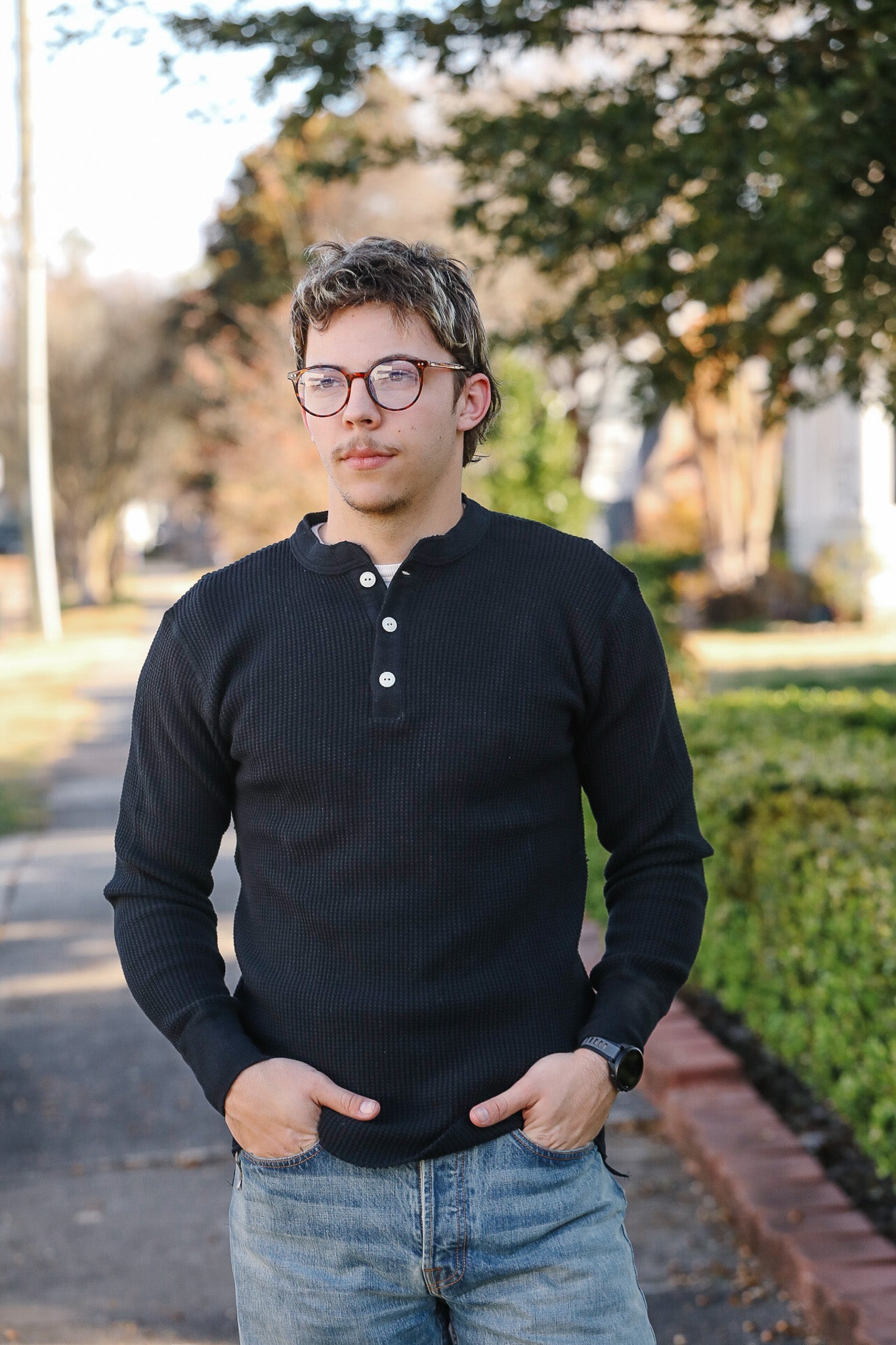 IHTL-1213-BLK Waffle Knit Long Sleeved Thermal Henley - Black