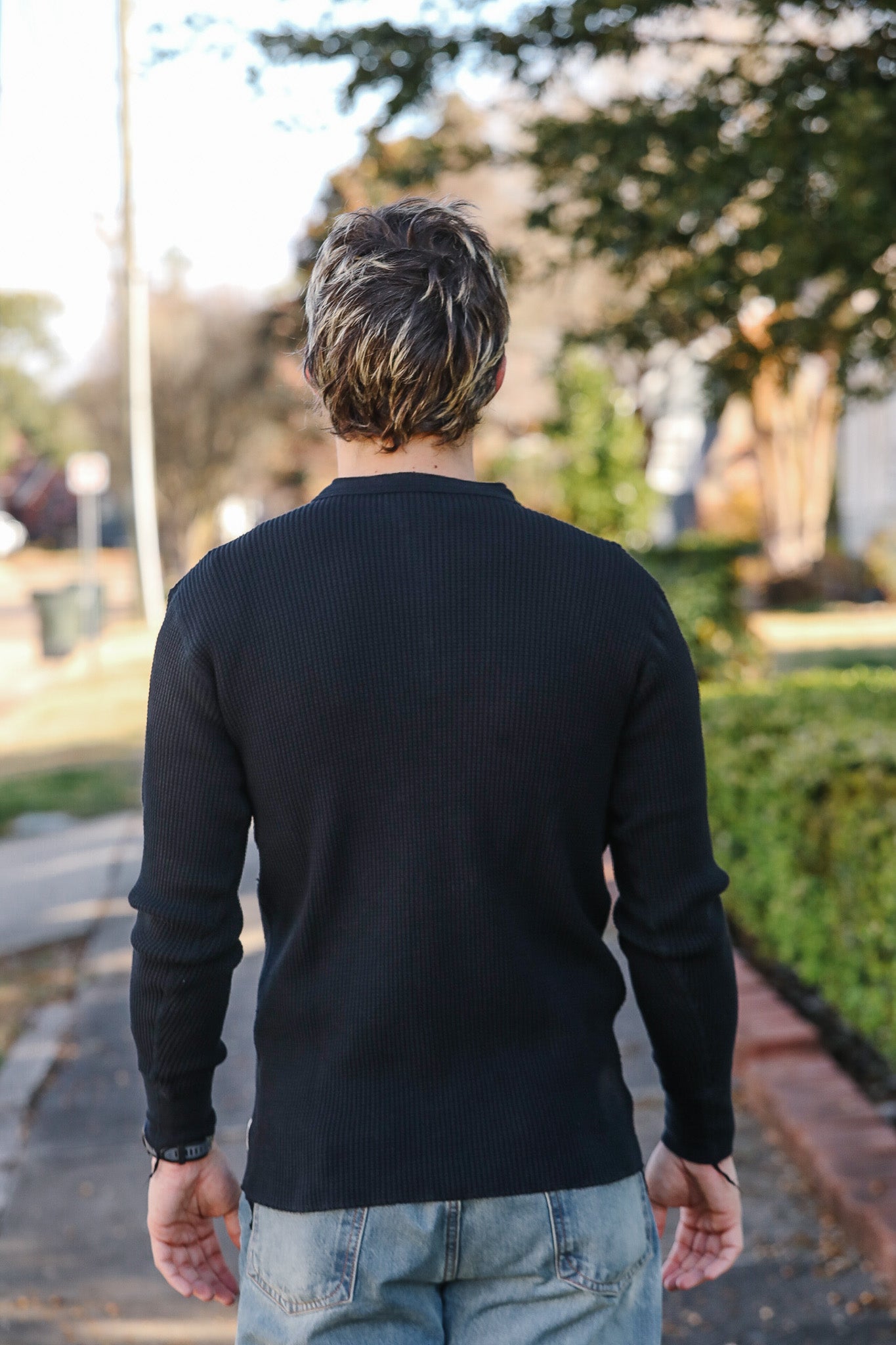 IHTL-1213-BLK Waffle Knit Long Sleeved Thermal Henley - Black