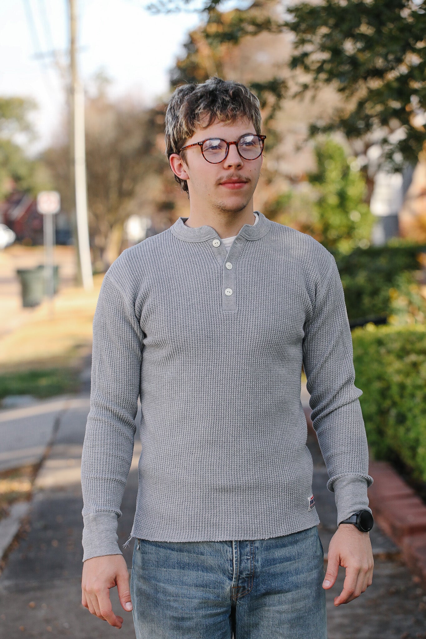 IHTL-1213-GRY Waffle Knit Long Sleeved Thermal Henley - Grey
