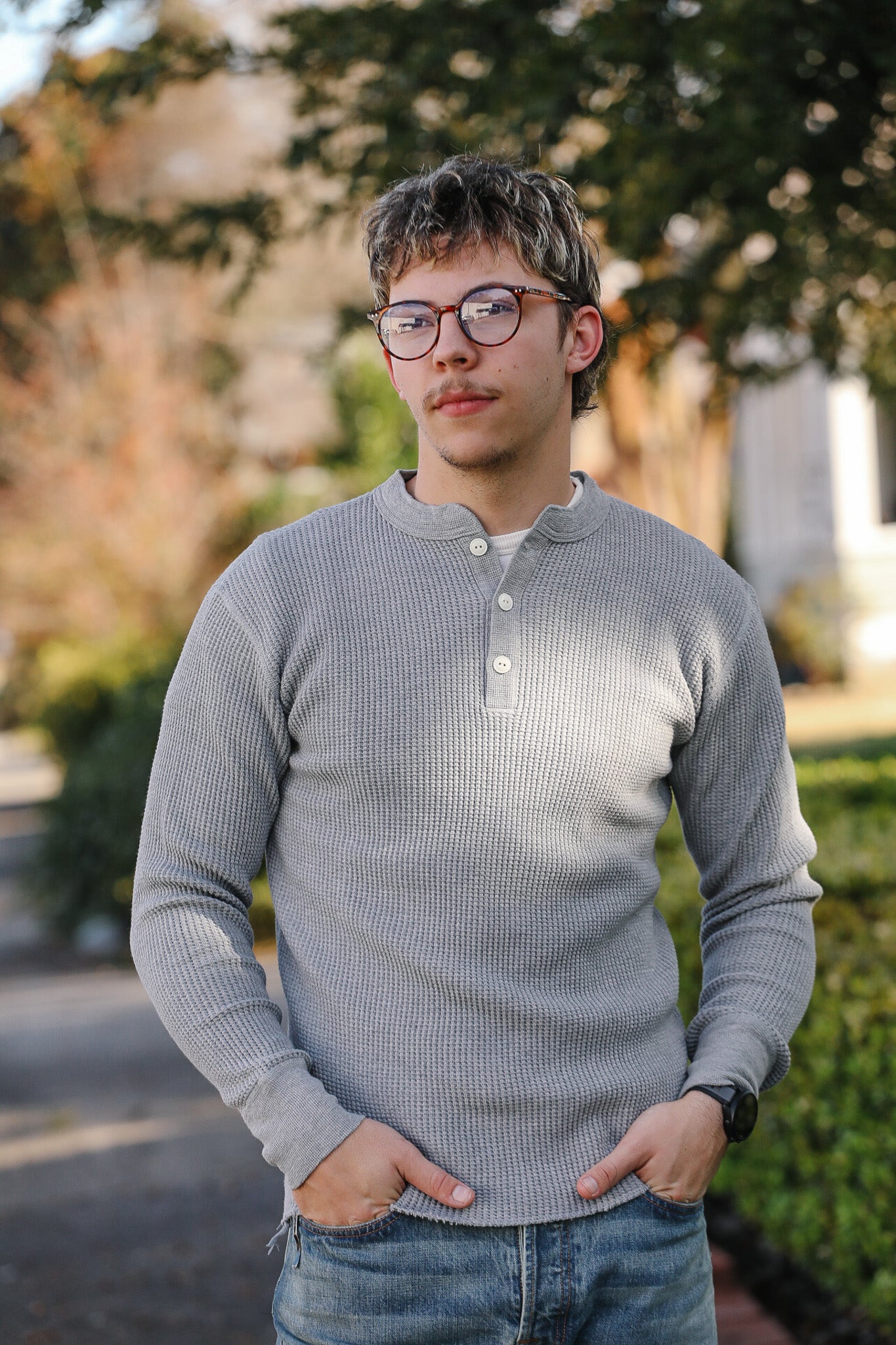 IHTL-1213-GRY Waffle Knit Long Sleeved Thermal Henley - Grey