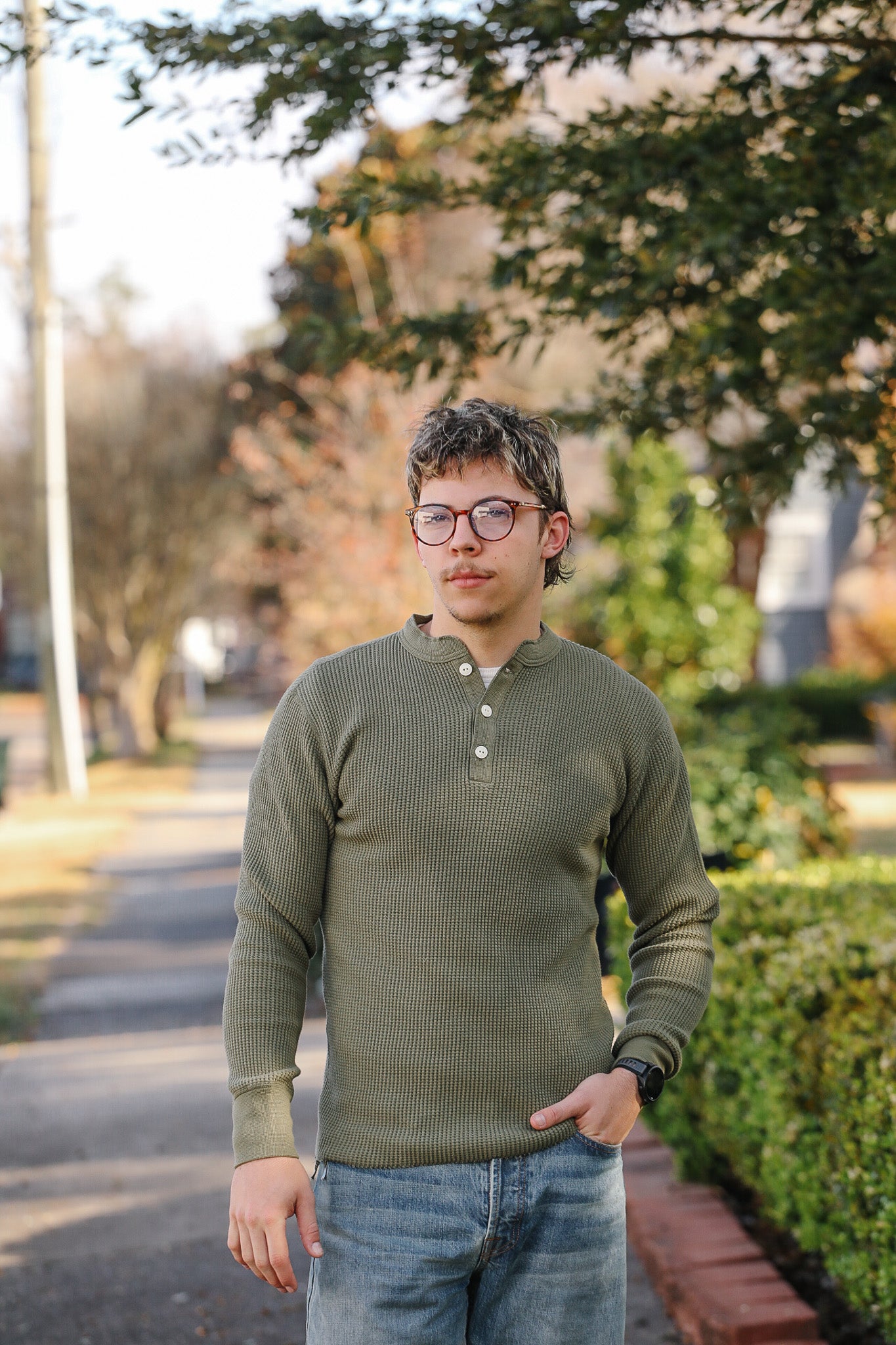 IHTL-1213-OLV Waffle Knit Long Sleeved Thermal Henley - Olive