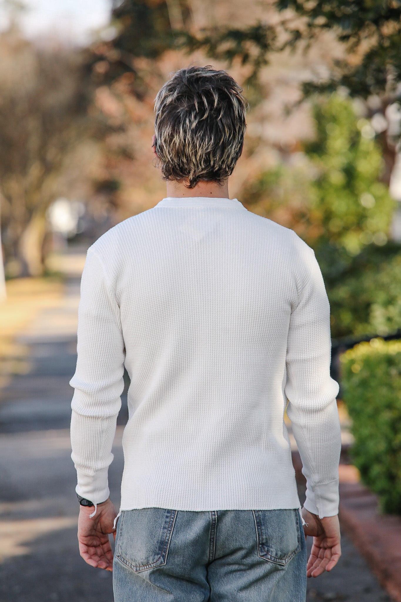 IHTL-1213-WHT Waffle Knit Long Sleeved Thermal Henley - White