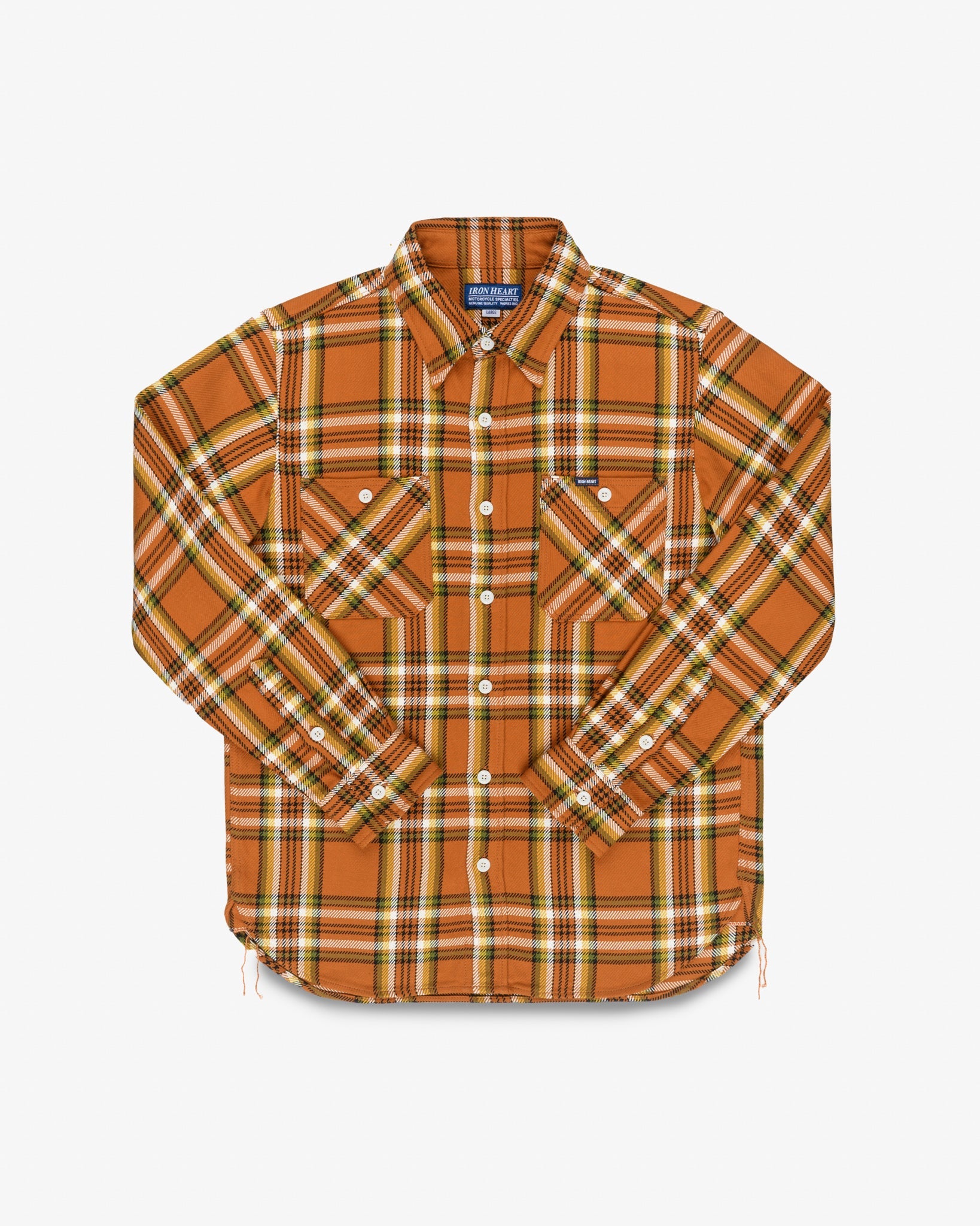 IHSH-442-ORA Iron Heart 9oz Selvedge Flannel Check Work Shirt IHSH-442-ORA Iron Heart 9oz Selvedge Flannel Check Work Shirt