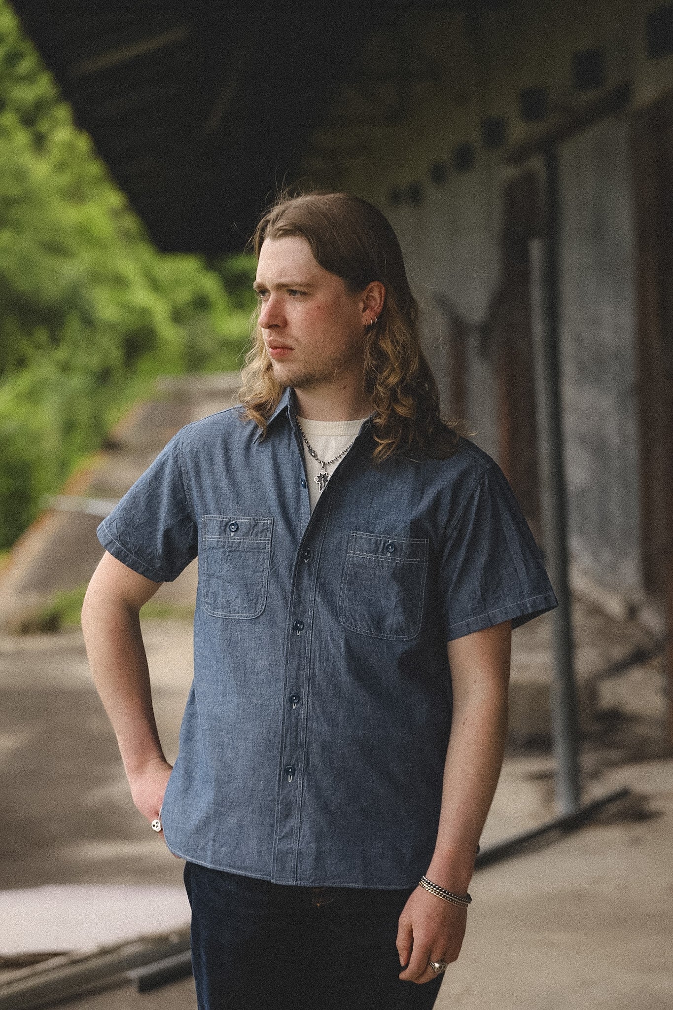 BR35856 Buzz Rickson USN Chambray Short Sleeve Work Shirt -Indigo