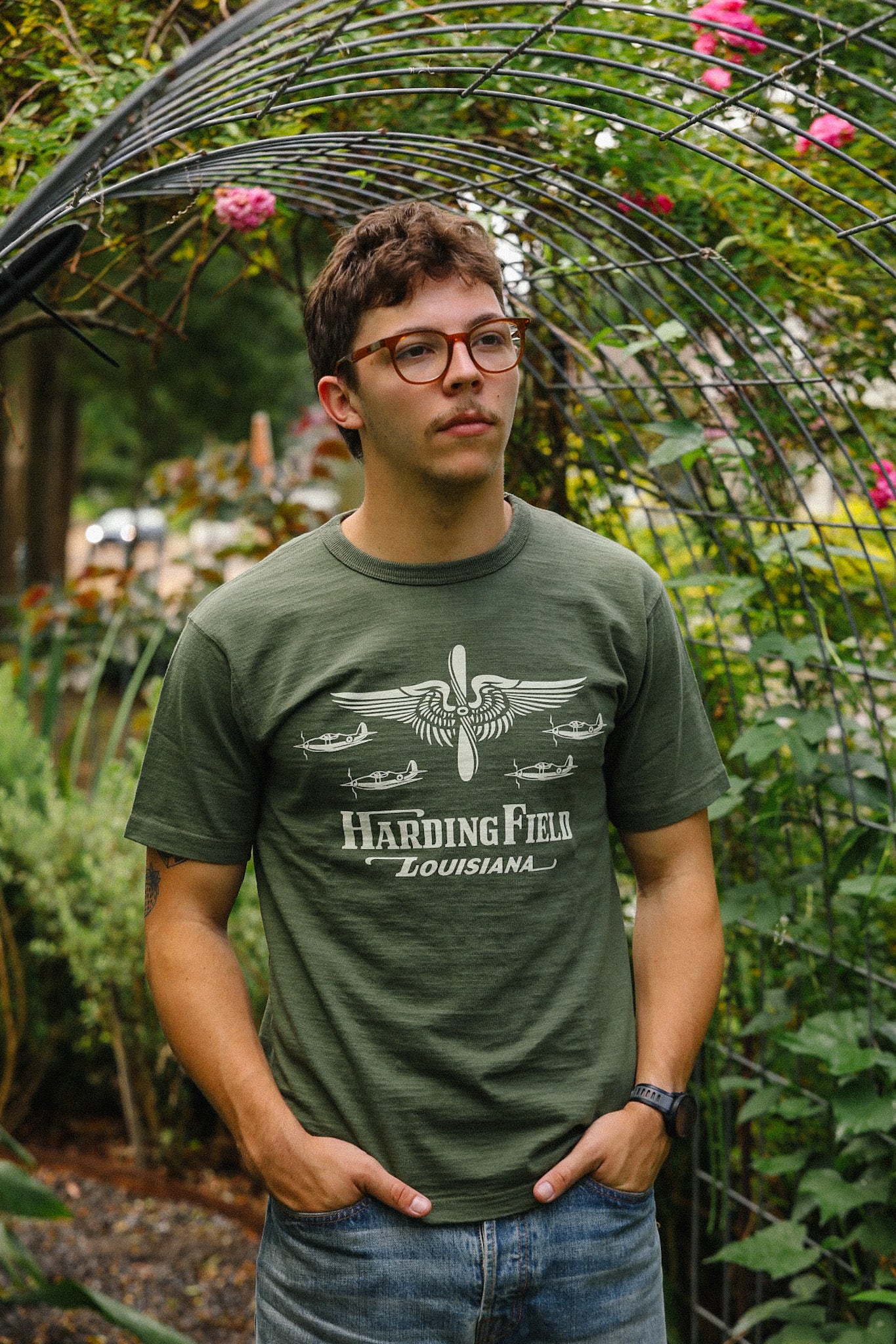 BR79726 Buzz Rickson Slub Yarn T-Shirt USAAF Harding Field- Olive