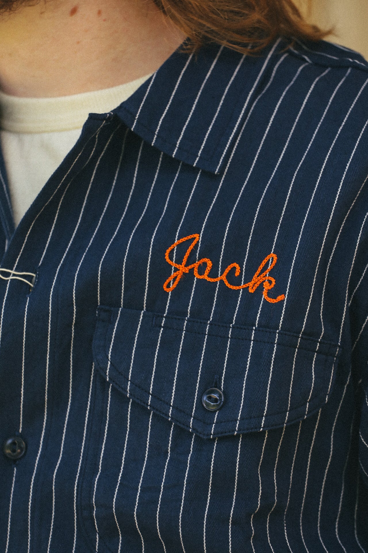 Coke Stripe Embroidered Short Sleeve Work Shirt- Navy (SC39528