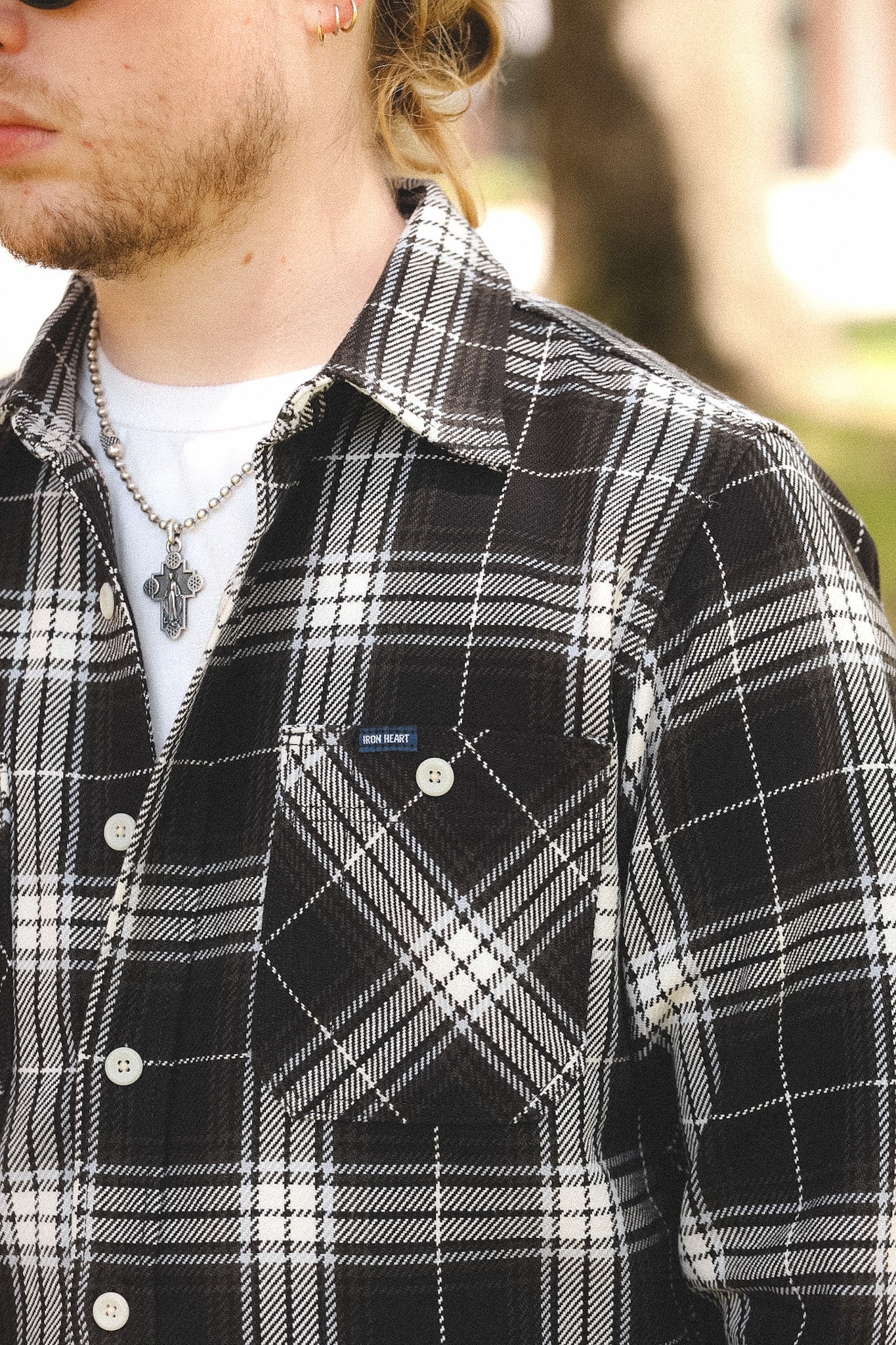 IHSH-441-BLK Iron Heart 9oz Selvedge Flannel Check Work Shirt
