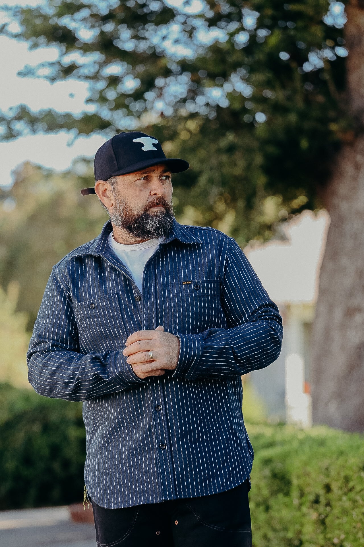 12oz Ultra Heavy Flannel Chalk Stripe Work Shirt - Navy IHSH-402-NAV