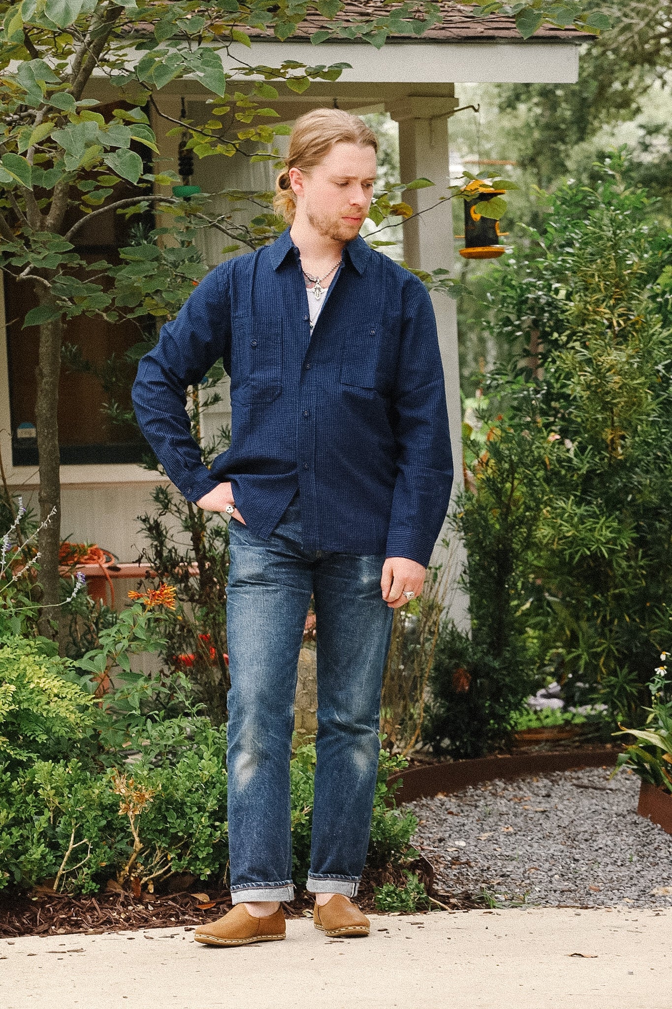 Pure Blue Japan LS-2244-2 Seersucker Indigo Check Shirt- Gingham