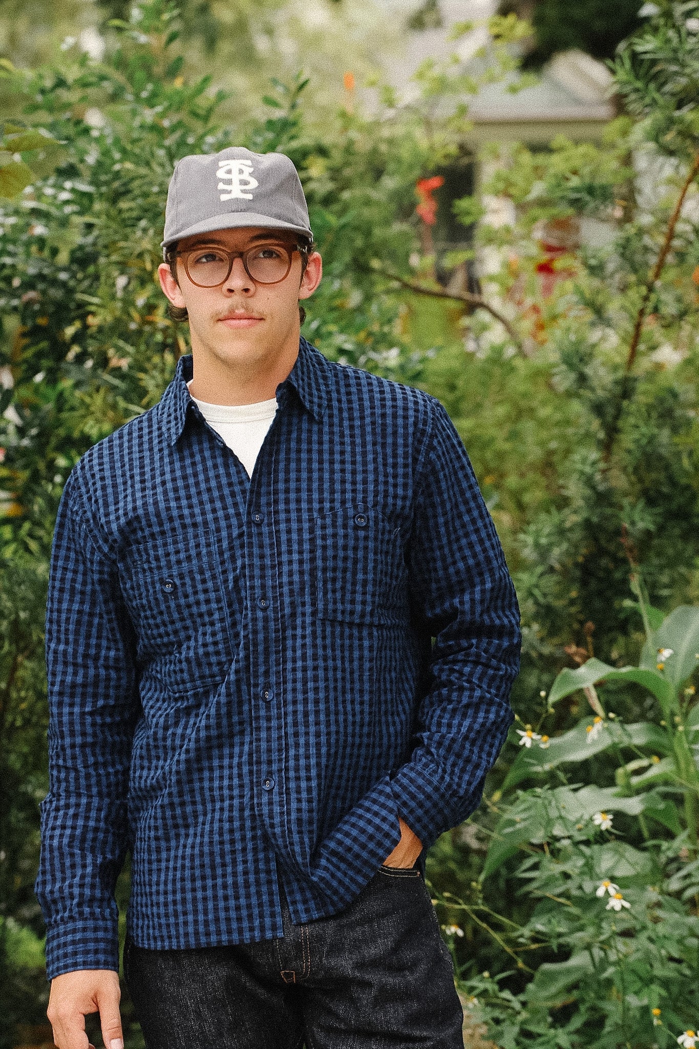 Pure Blue Japan LS-2244-1 Seersucker Indigo Check Shirt- Block