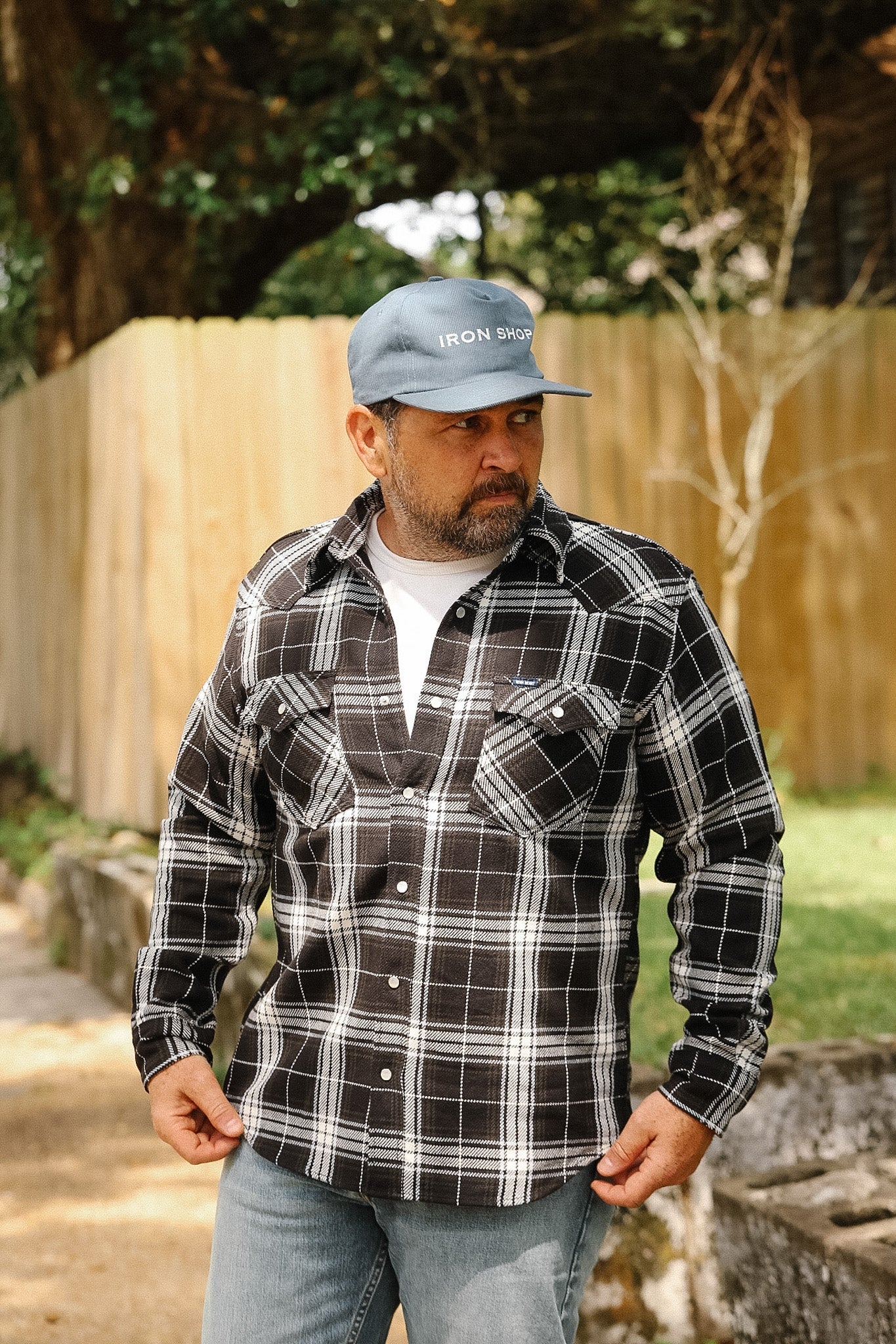IHSH-439-BLK Iron Heart 9oz Selvedge Flannel Check Western Shirt