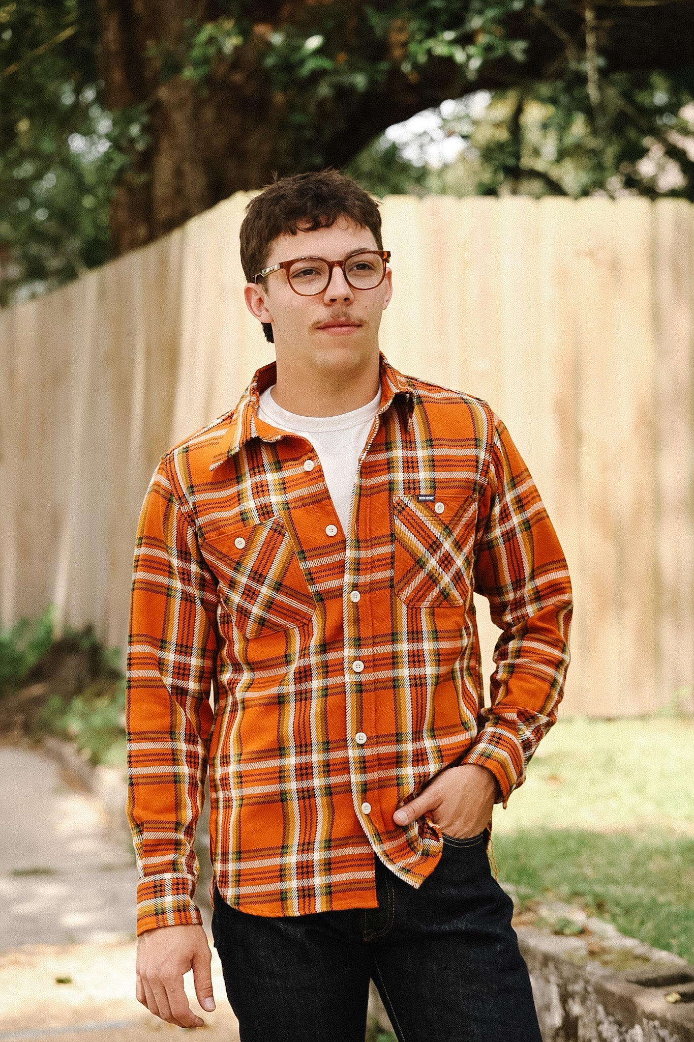 IHSH-442-ORA Iron Heart 9oz Selvedge Flannel Check Work Shirt