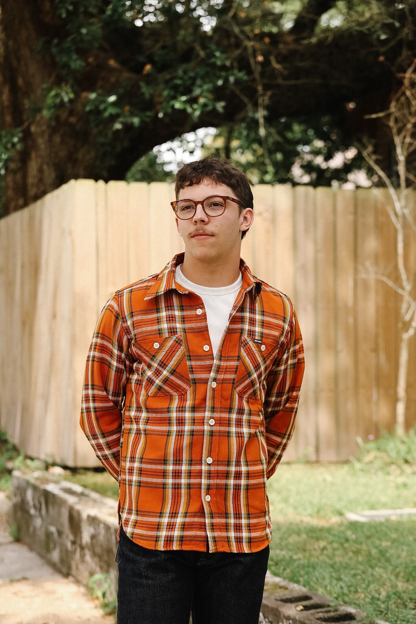 IHSH-442-ORA Iron Heart 9oz Selvedge Flannel Check Work Shirt