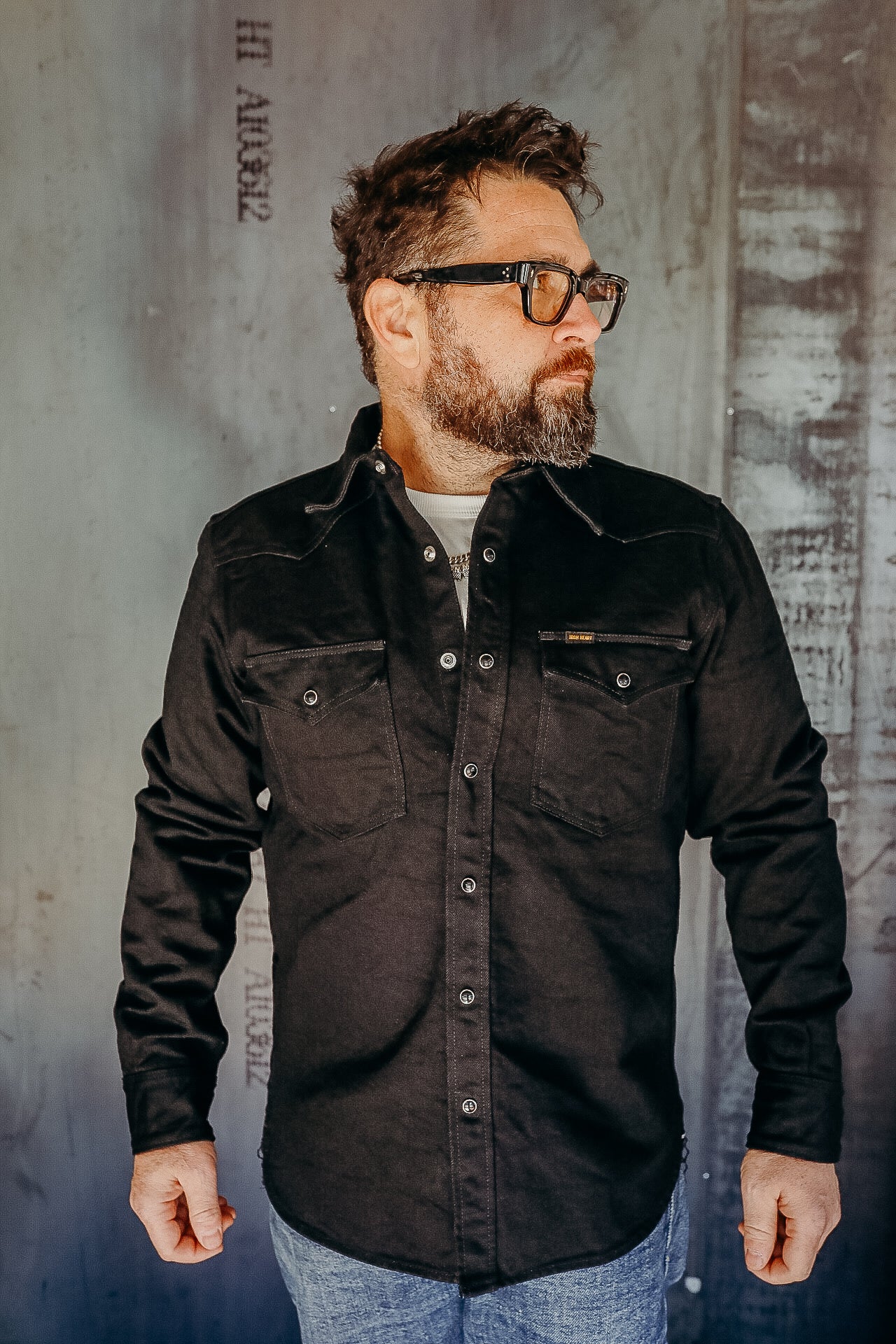 14oz Selvedge Denim Western Shirt - Black/Black IHSH-295-BB – Iron