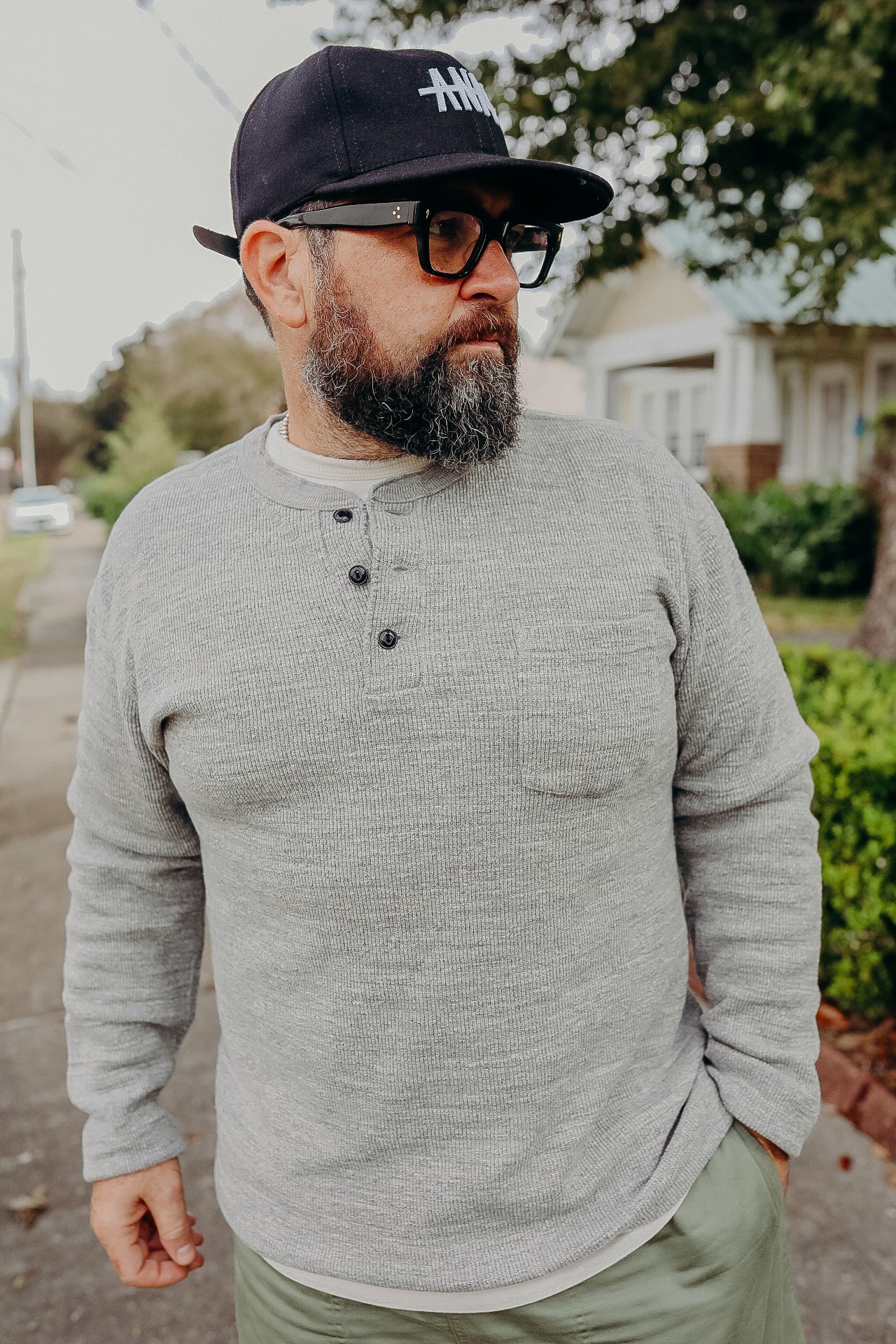 SINGLE-RIB HENLEY NECK LONG SLEEVE T-SHIRT- Grey – Iron Shop