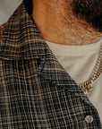 Open Collar Shirt- Black Micro Plaid
