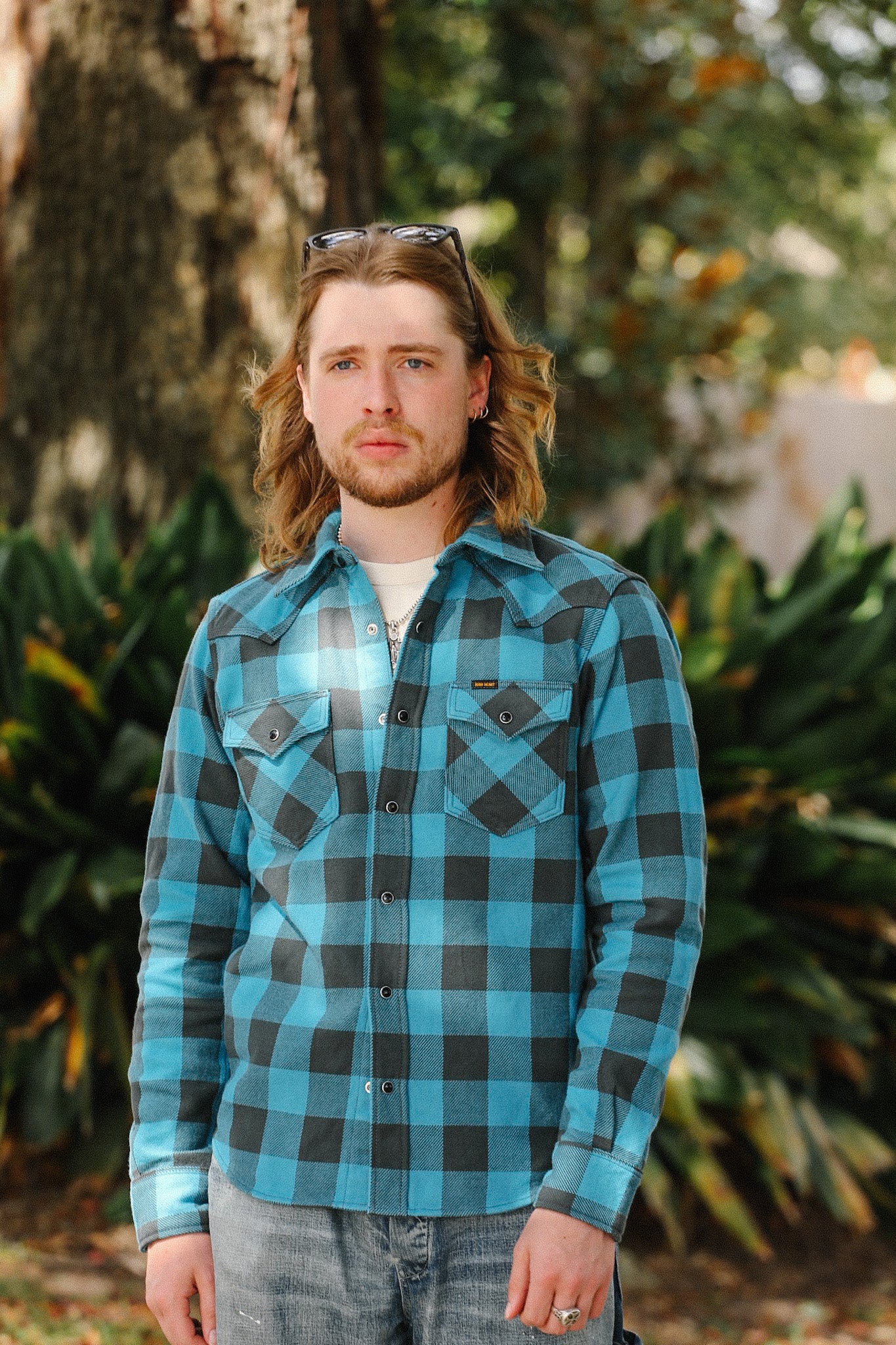 Iron Heart x ISP Ultra Heavy Flannel Buffalo Check Western Shirt  Turquoise/Grey IHSH-101-TG