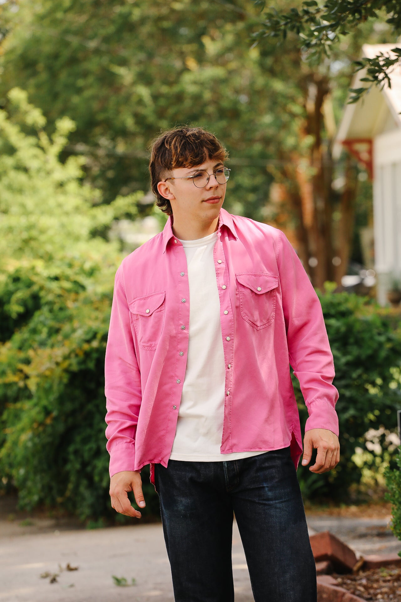 Tencel Gabardine Pearl Snap Shirt -Flamingo