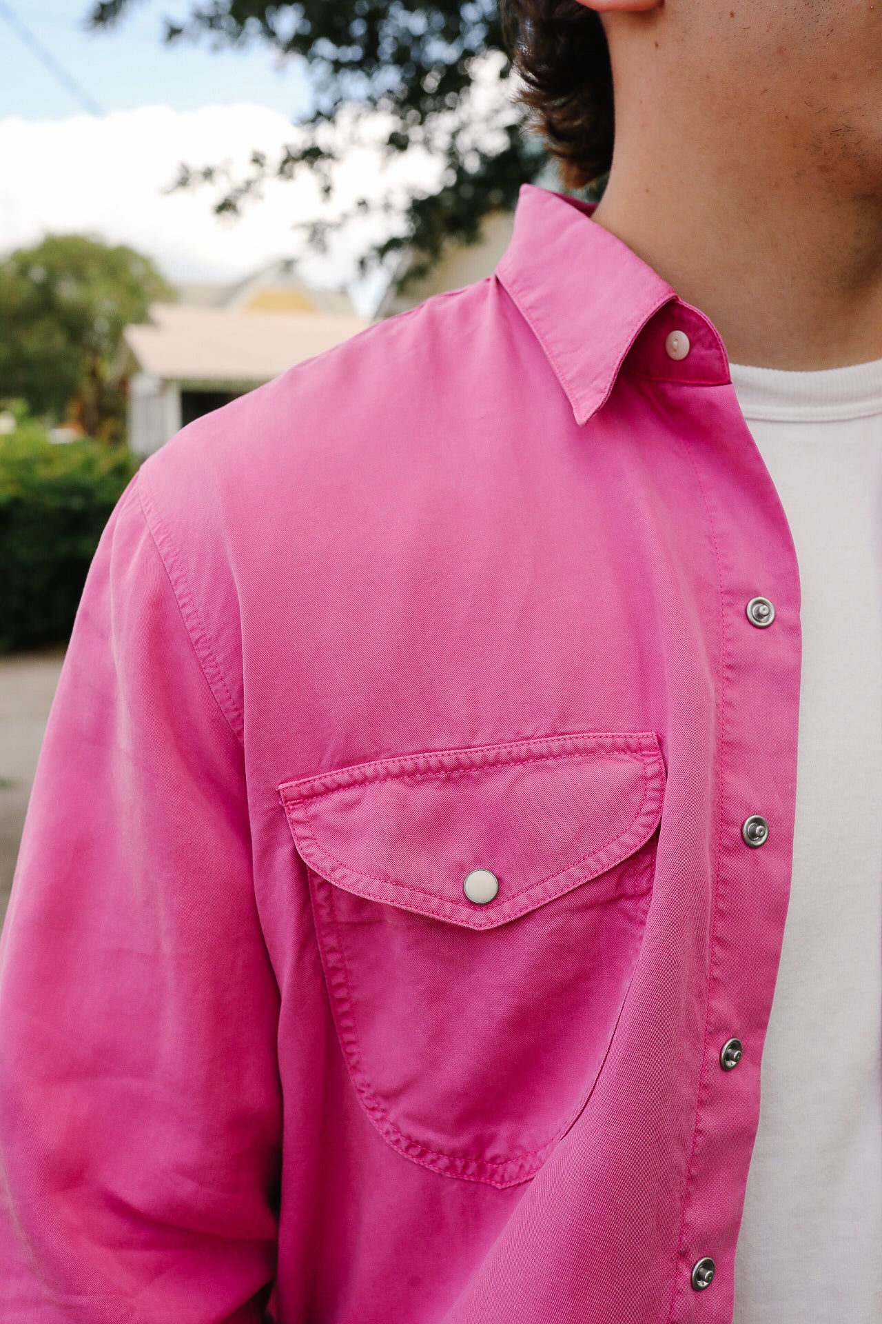 Tencel Gabardine Pearl Snap Shirt -Flamingo