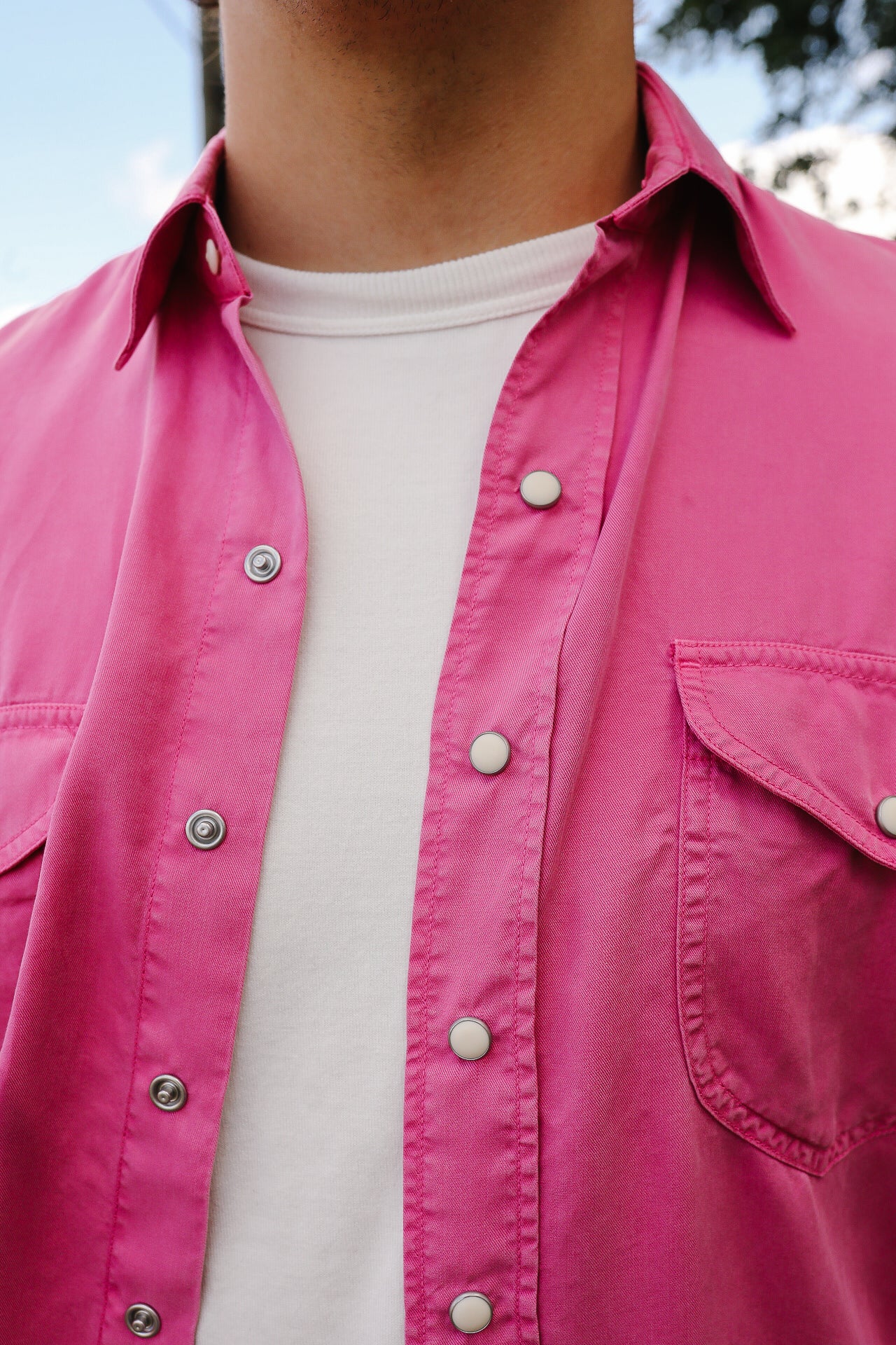 Tencel Gabardine Pearl Snap Shirt -Flamingo