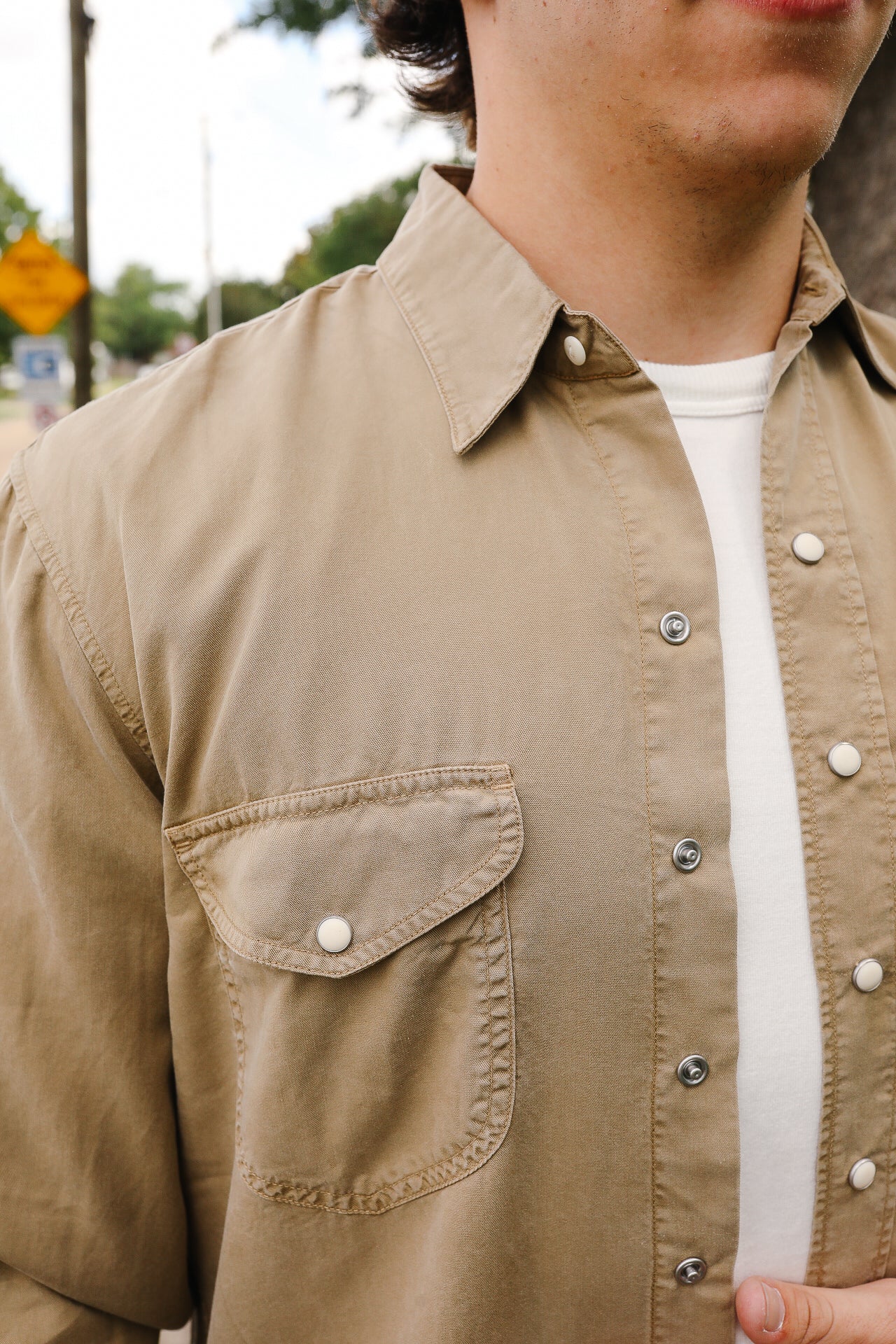 Tencel Gabardine Pearl Snap Shirt -Camp Khaki