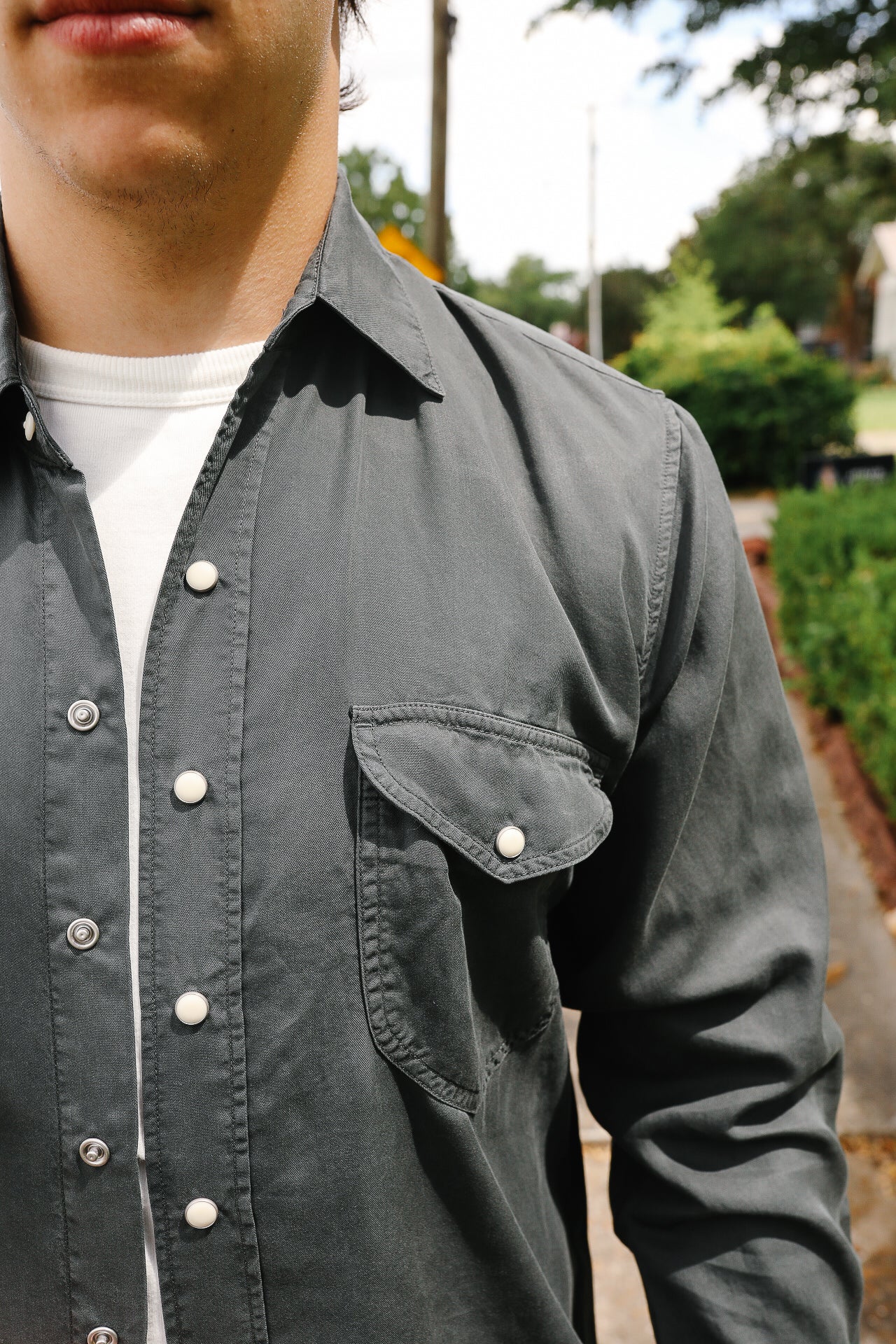 Tencel Gabardine Pearl Snap Shirt - Faded Black