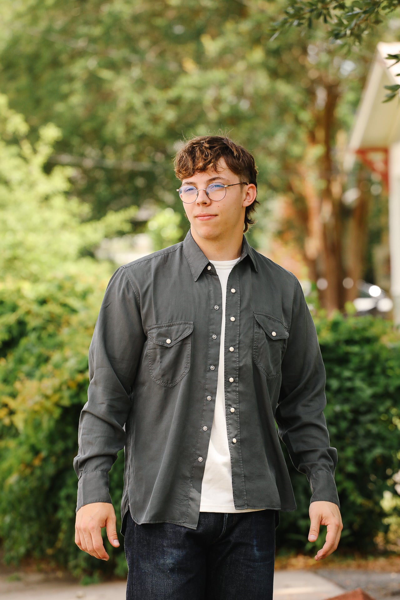 Tencel Gabardine Pearl Snap Shirt - Faded Black