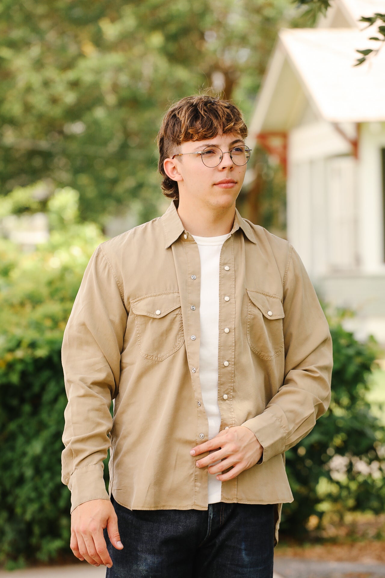 Tencel Gabardine Pearl Snap Shirt -Camp Khaki