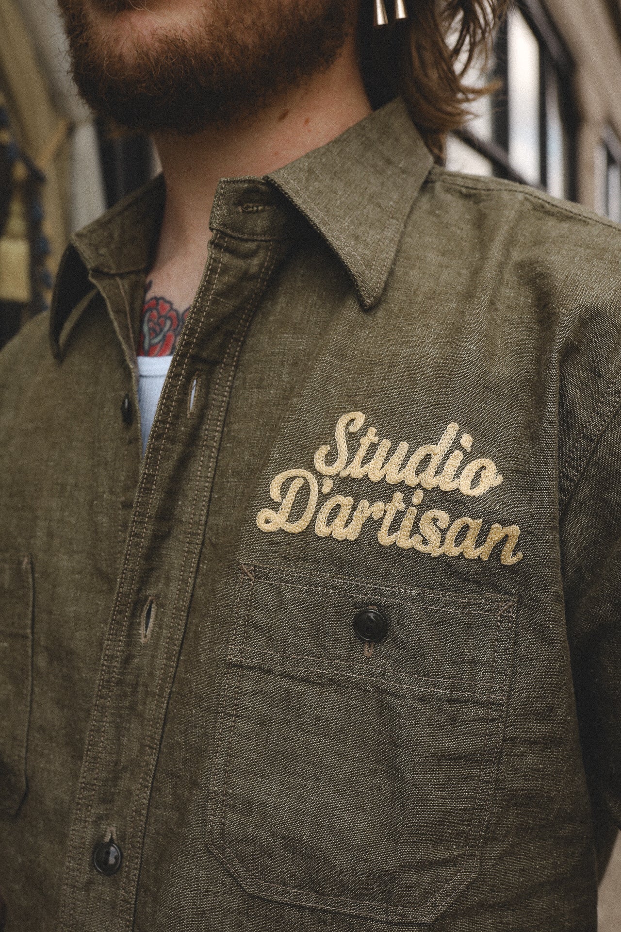 Embroidered Chambray Short Sleeve Shirt - Olive (5723S)