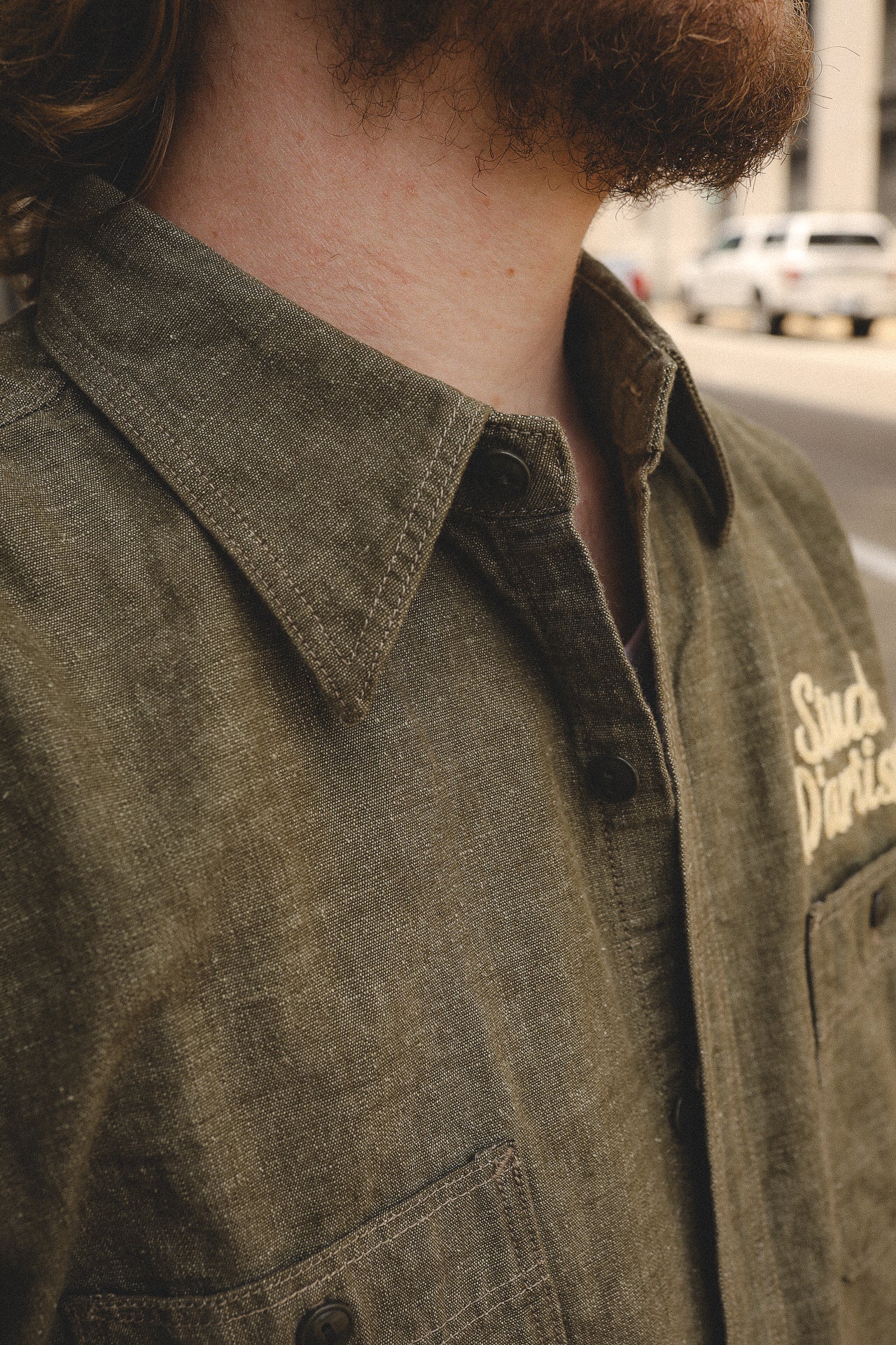 Embroidered Chambray Short Sleeve Shirt - Olive (5723S)