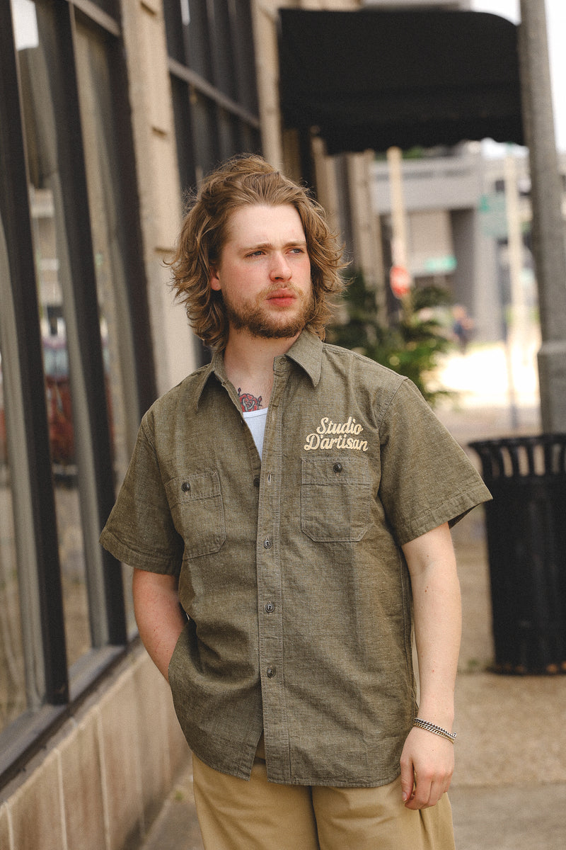 【CPGN STUDIO】washing line embroidery short sleeve Studio D'artisan Indigo Short Sleeve Button-Up Shirt Men's