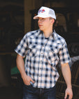 5oz Selvedge Short Sleeved Madras Check Western Shirt - Blue IHSH-418-BLU