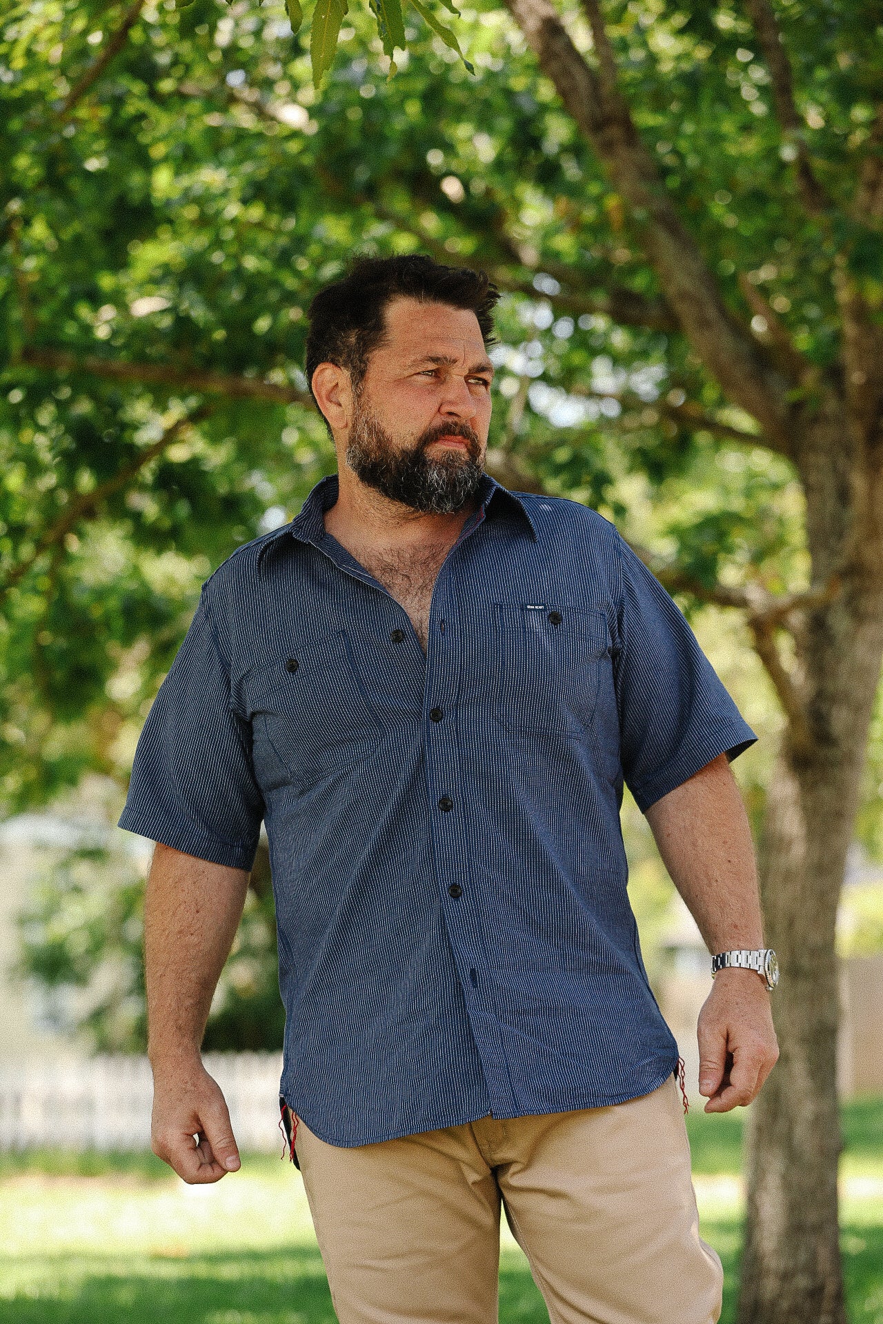 5oz Selvedge Ox Cloth Short Sleeved Work Shirt - Pinstripe