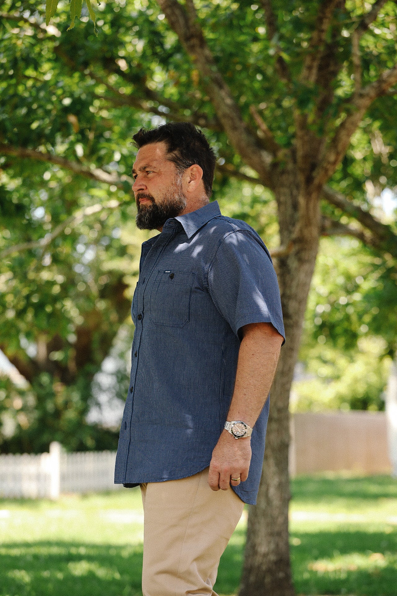5oz Selvedge Ox Cloth Short Sleeved Work Shirt - Pinstripe IHSH