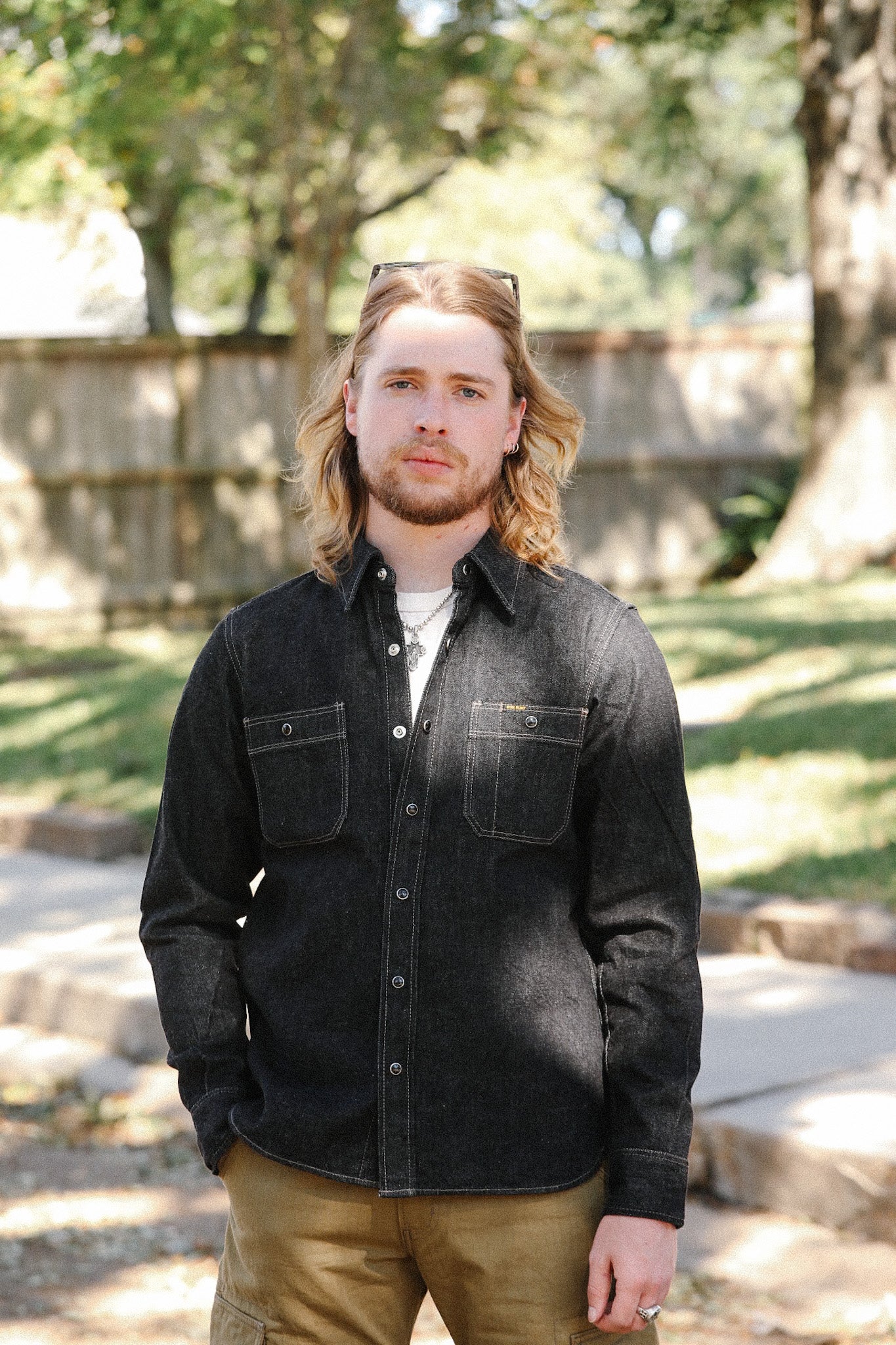 12oz Selvedge Denim Work Shirt With Snaps - Black and cream IHSH