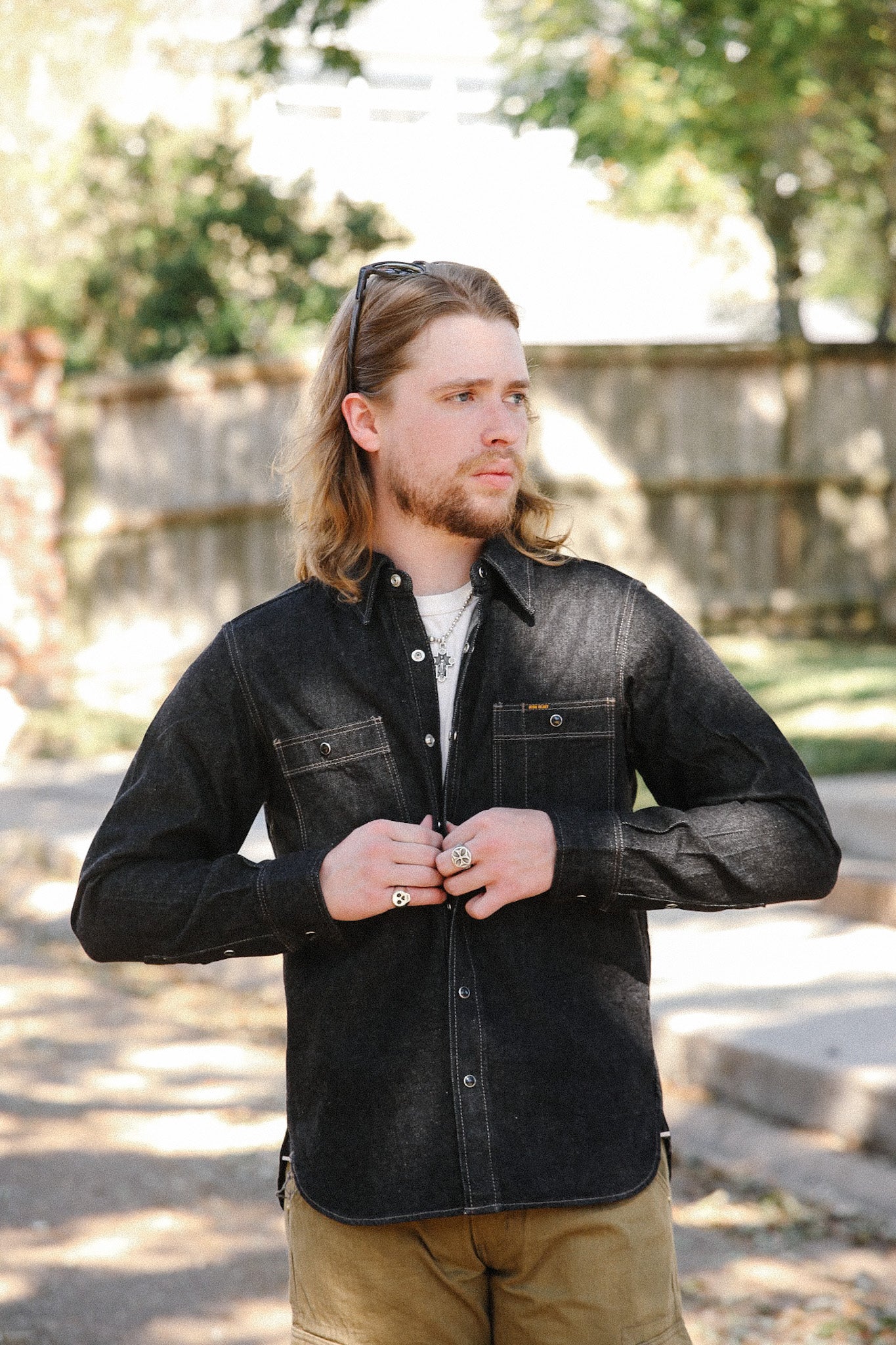 12oz Selvedge Denim Work Shirt With Snaps - Black and cream IHSH