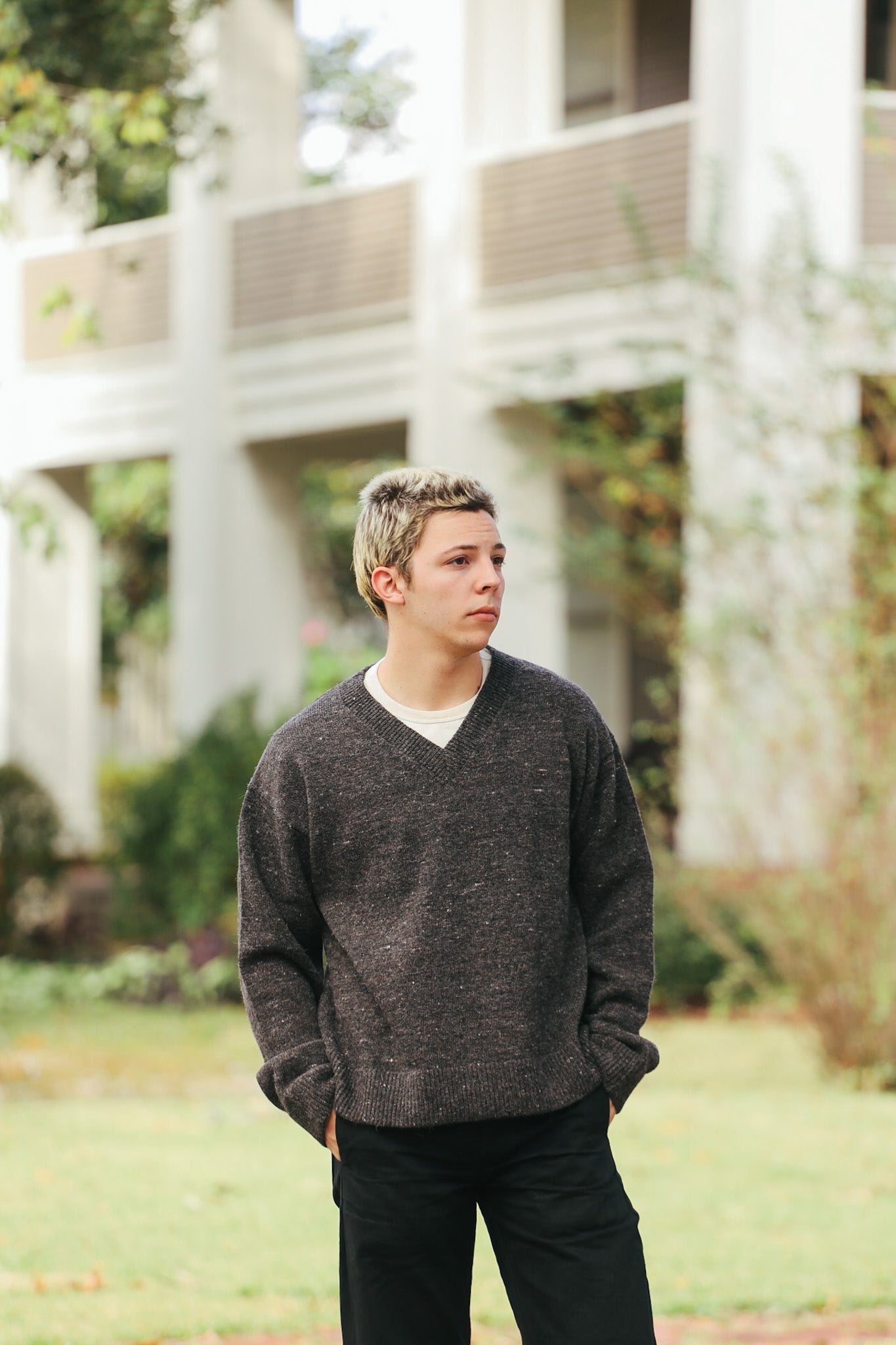 V-Neck Sweater- Pewter Tweed