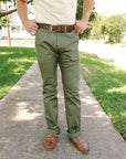 9oz Mercerized Selvedge Cotton Relaxed Tapered Cut Chinos - Olive IH-727-OLV