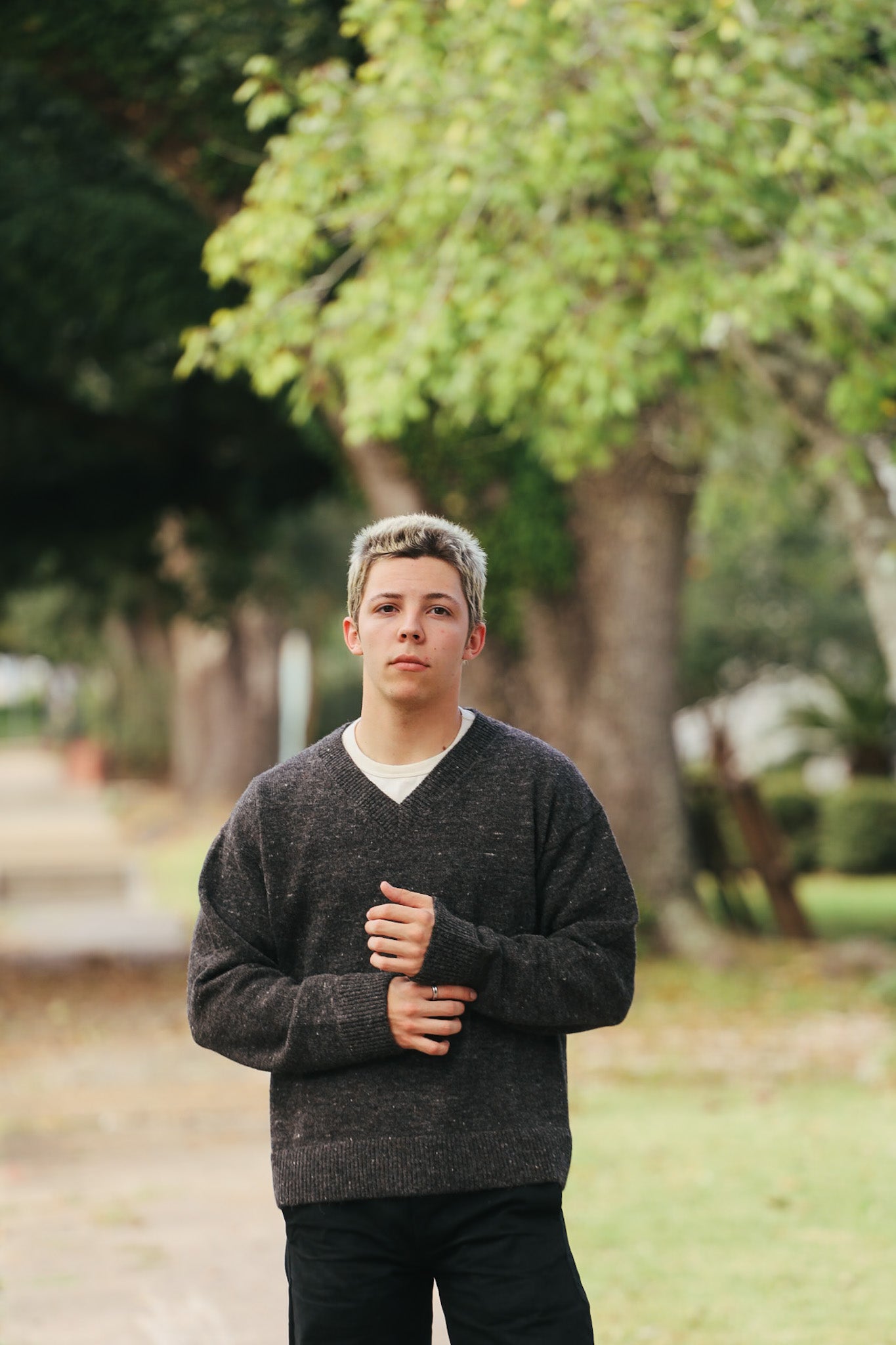 V-Neck Sweater- Pewter Tweed