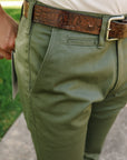 9oz Mercerized Selvedge Cotton Relaxed Tapered Cut Chinos - Olive IH-727-OLV