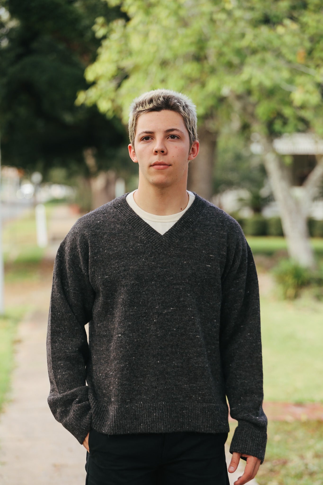 V-Neck Sweater- Pewter Tweed