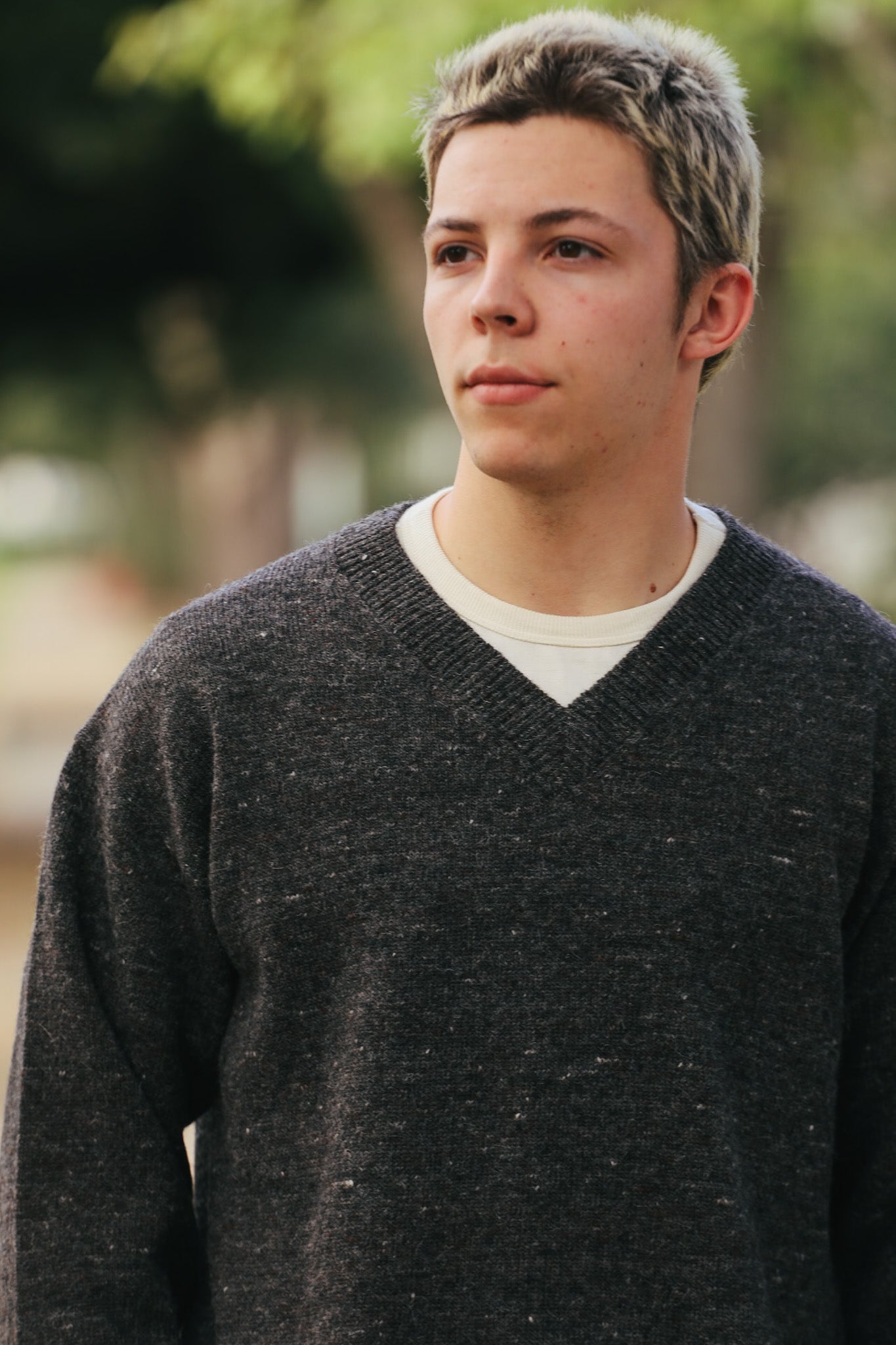 V-Neck Sweater- Pewter Tweed