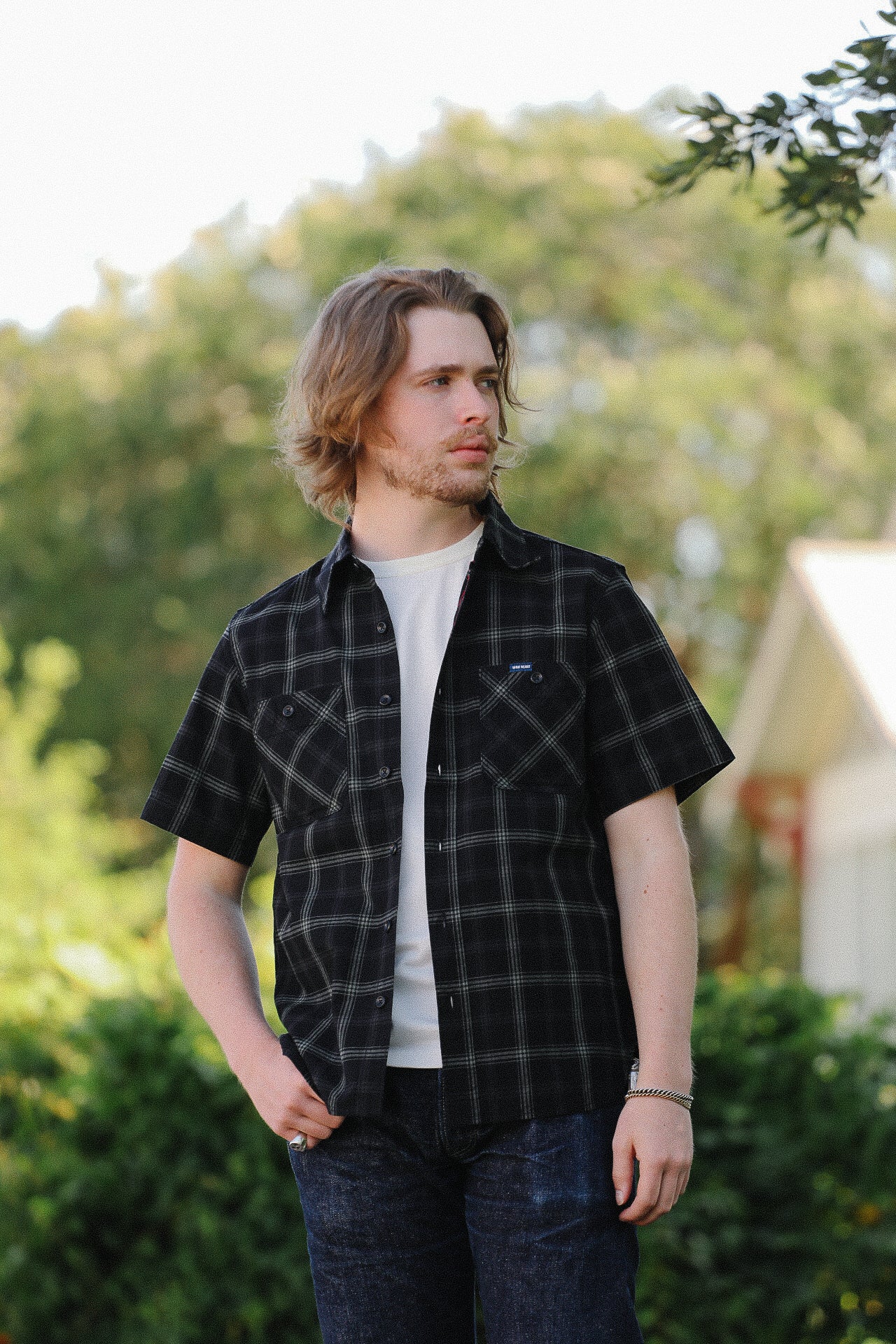 5oz Selvedge Short Sleeved Madras Check Work Shirt - Black IHSH-419-BLK