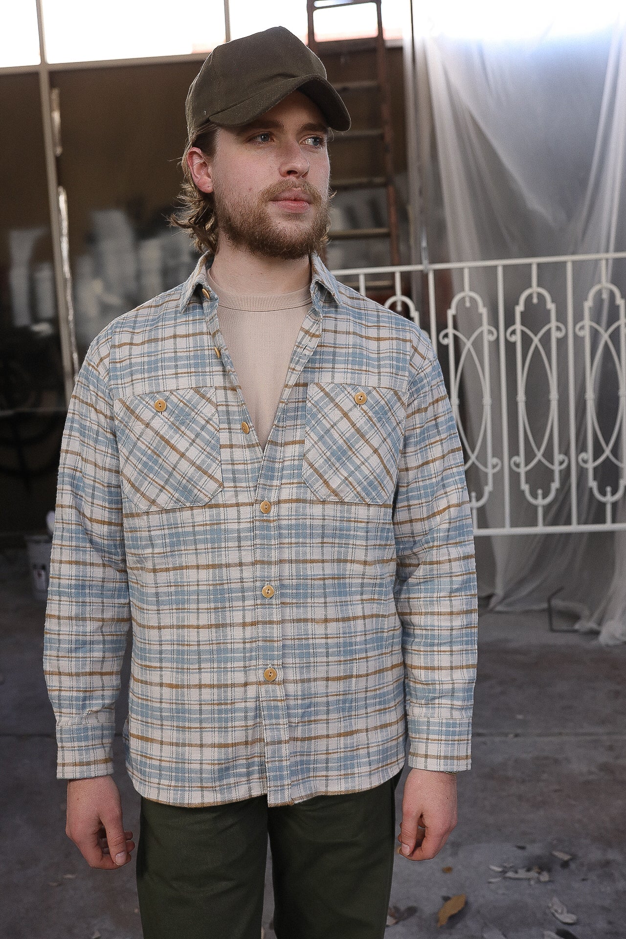 Flannel Work Shirt- Blue and Cream Slub