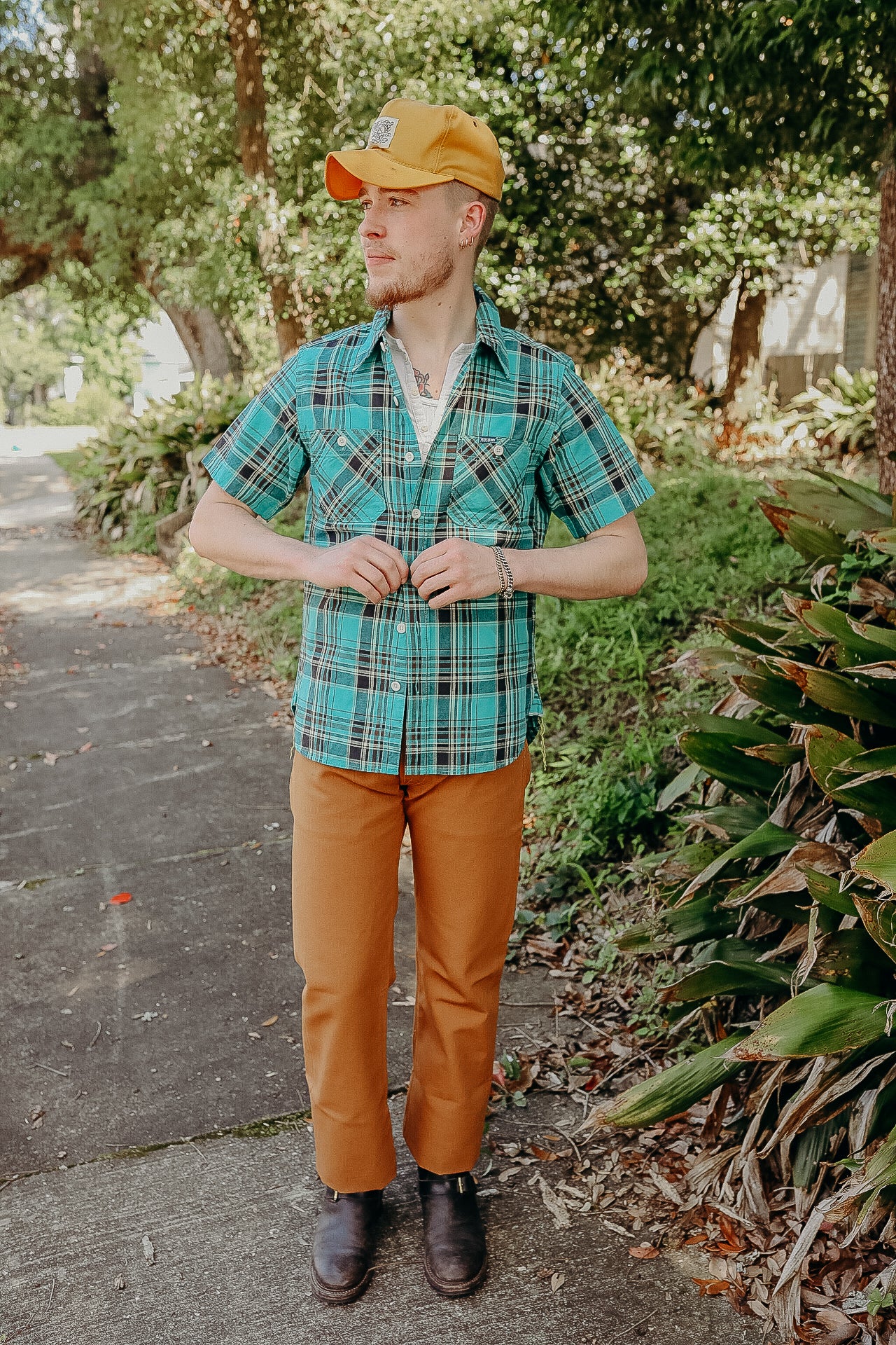 5oz Selvedge Madras Check Short Sleeve Work Shirt - Green (IHSH-360)
