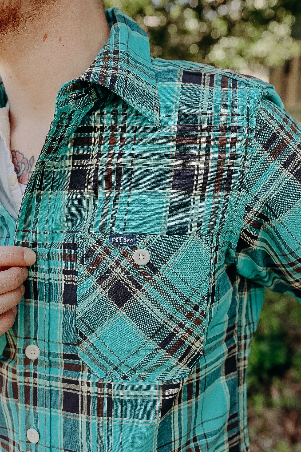 5oz Selvedge Madras Check Short Sleeve Work Shirt - Green (IHSH-360)