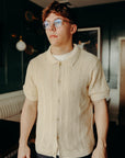 Short Sleeve Knit Shirt- Ecru Mesh Stripe