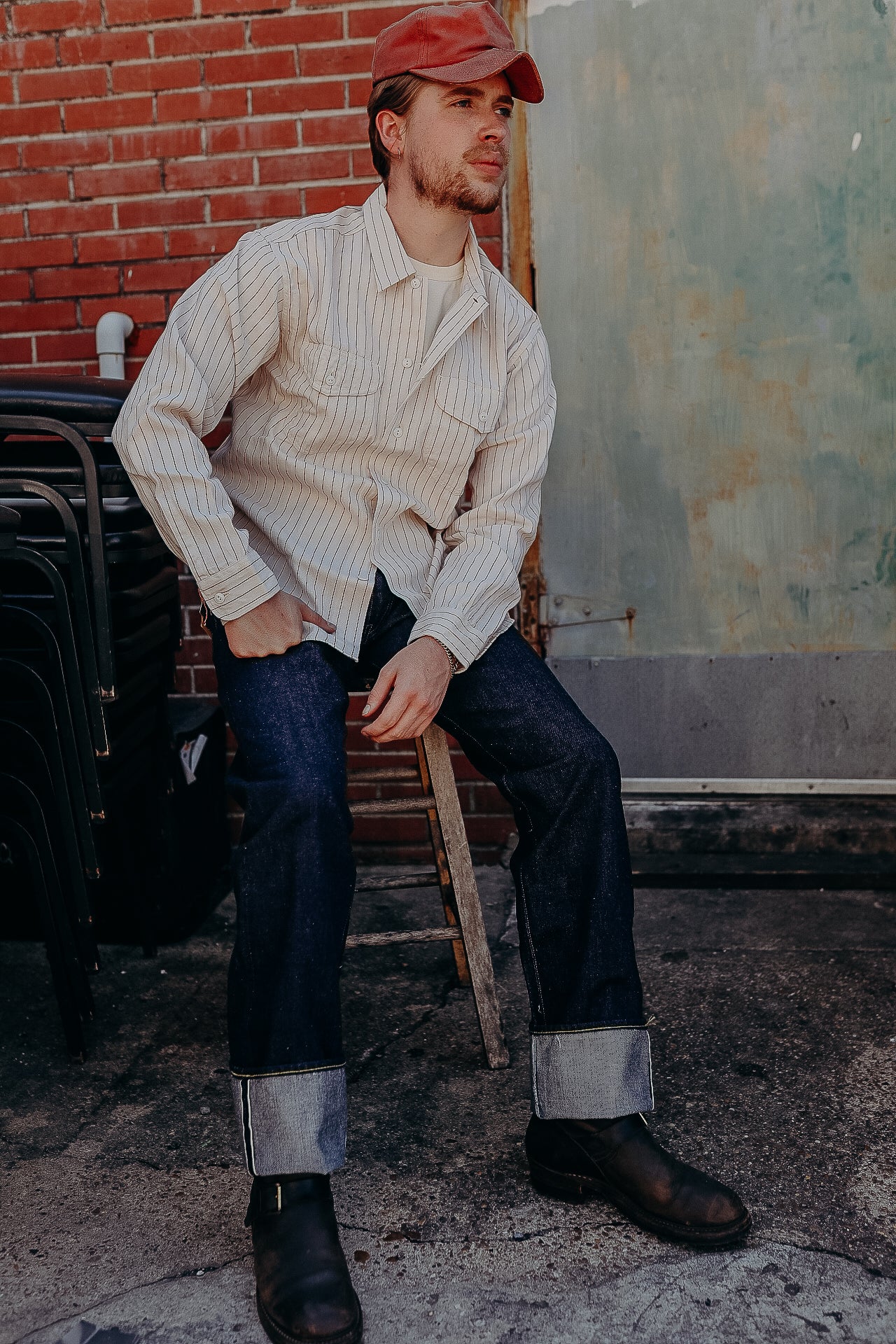 Long Sleeve Work Shirt- Coke Stripe White (SC28652)