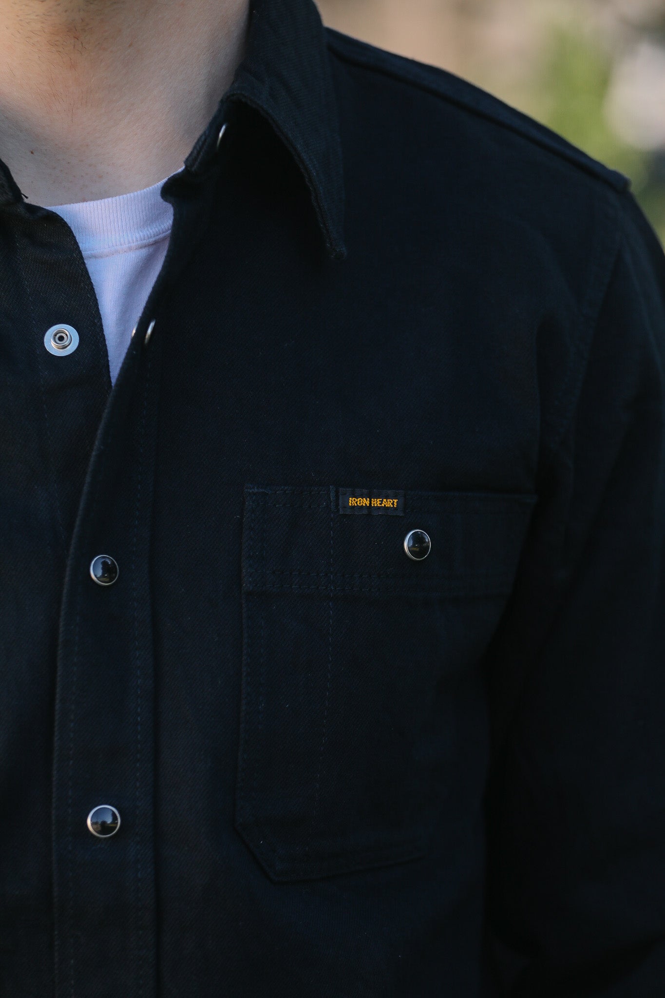 IHSH-338-BLK Iron Heart 12oz Selvedge Denim Work Shirt With Snaps
